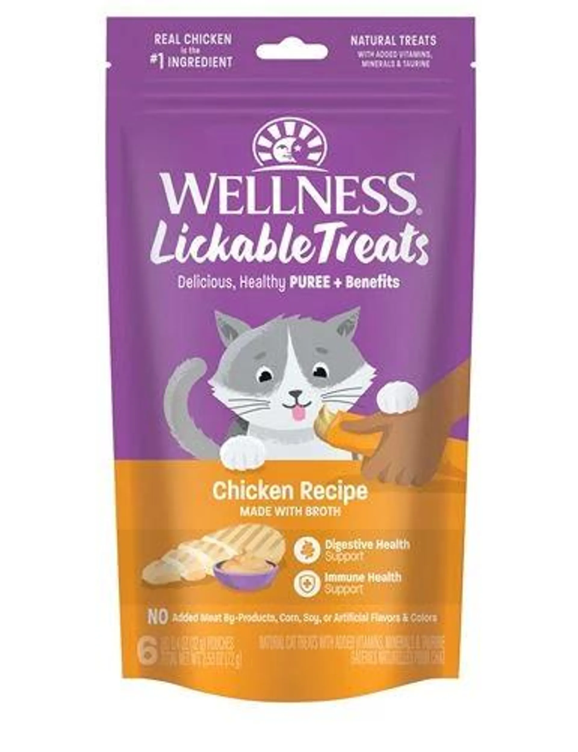 Wellness Lickable Treats Soft Puree Natural Grain Free Cat Treats, Chicken, 0.4 Ounce Tubes