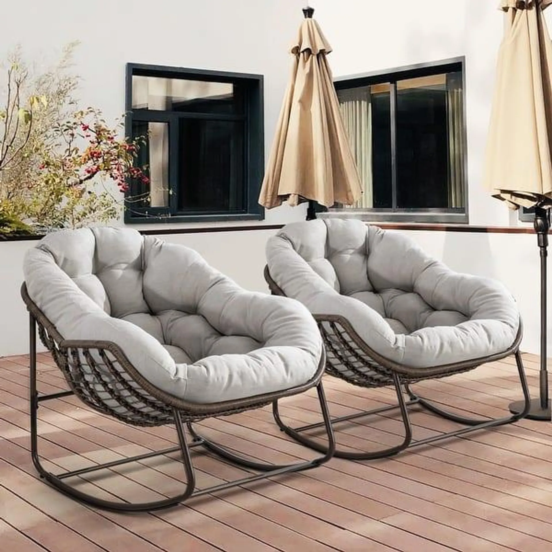 Outdoor Padded Cushion Rocking Chair, Patio Oversized Rattan Egg Chair