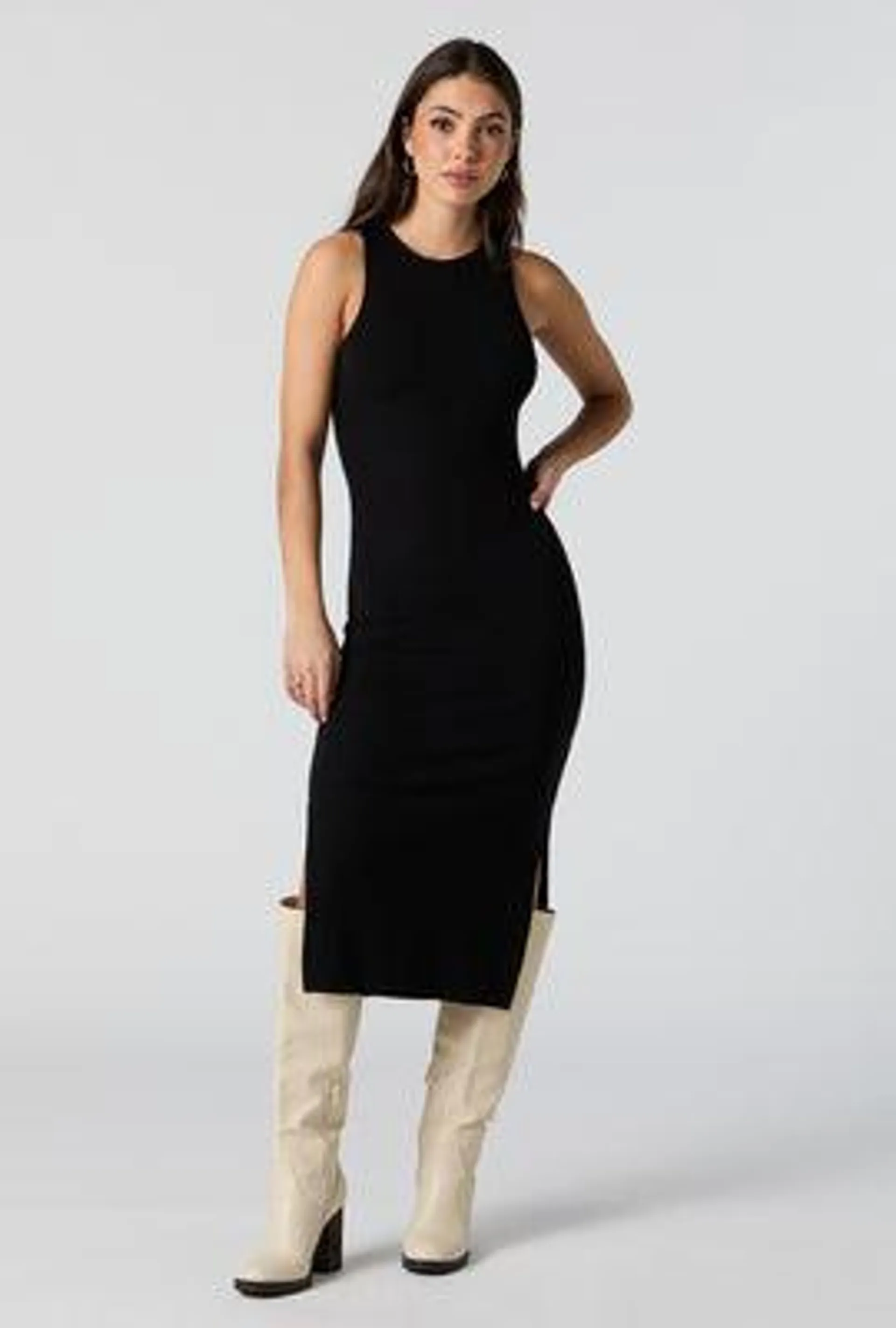 Ribbed Double Slit Bodycon Midi Dress