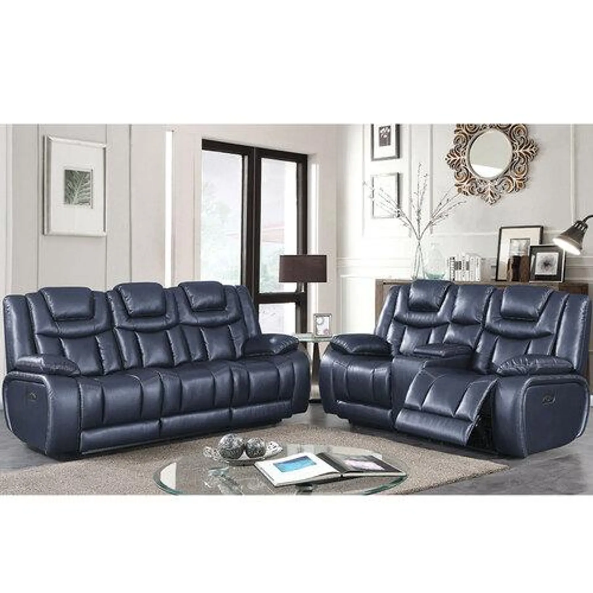 Apex Navy Leather Power Reclining Sofa and Loveseat with Drop Down Table, Console and Power Headrests (1)