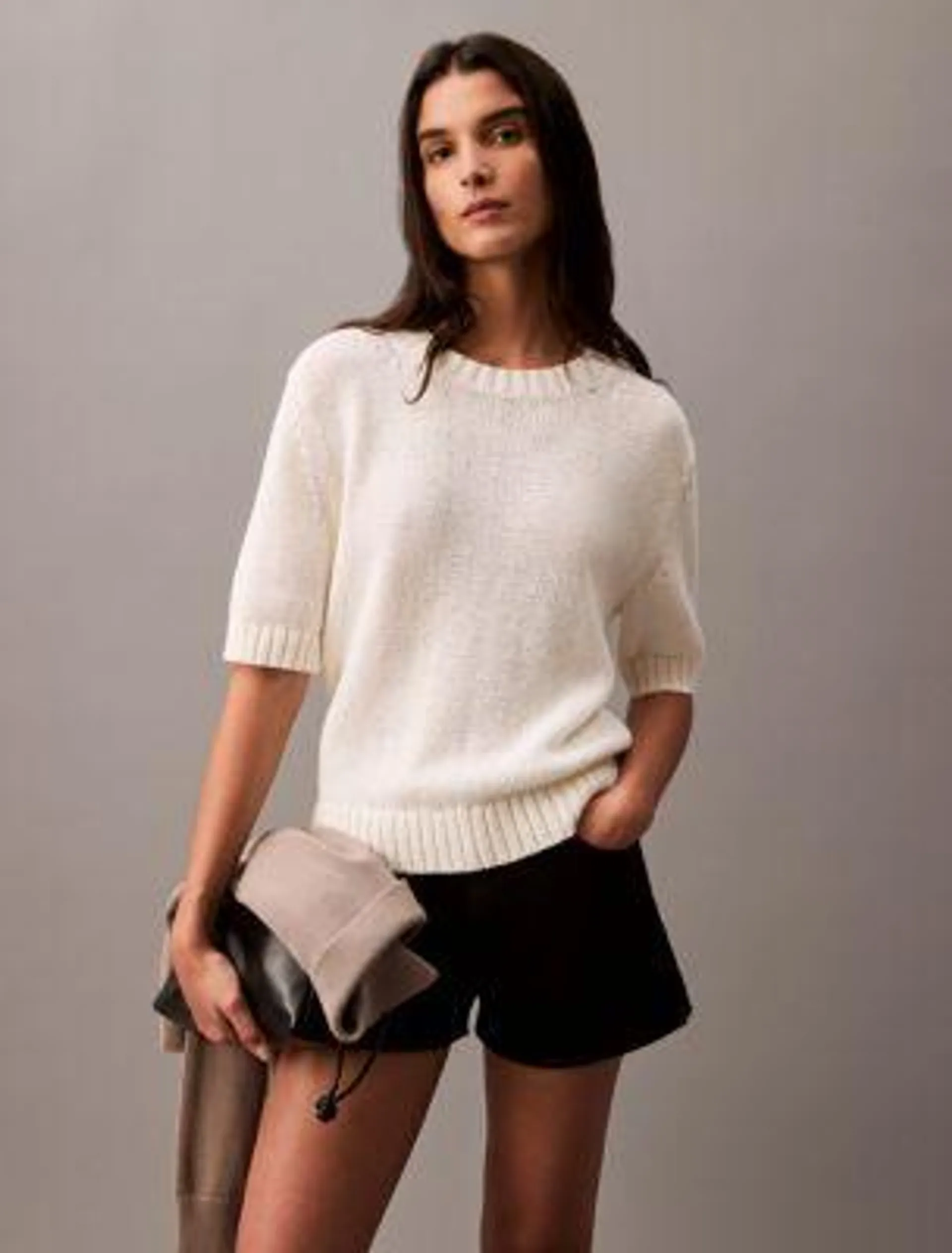 Open Weave Short Sleeve Crewneck Sweater