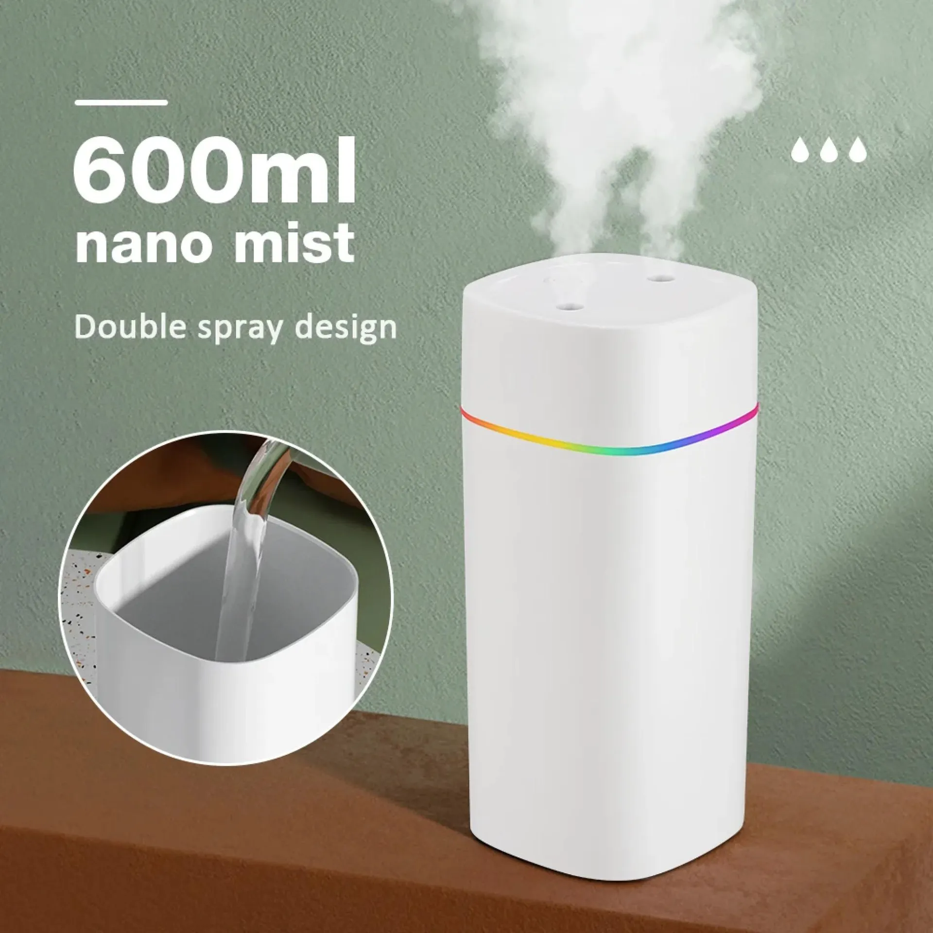 Humidificador de aire luminoso de 600 ml con puerto de pulverización doble, humidificador de aromaterapia con aceites esenciales, generador de niebla fría, purificador para el hogar y la oficina