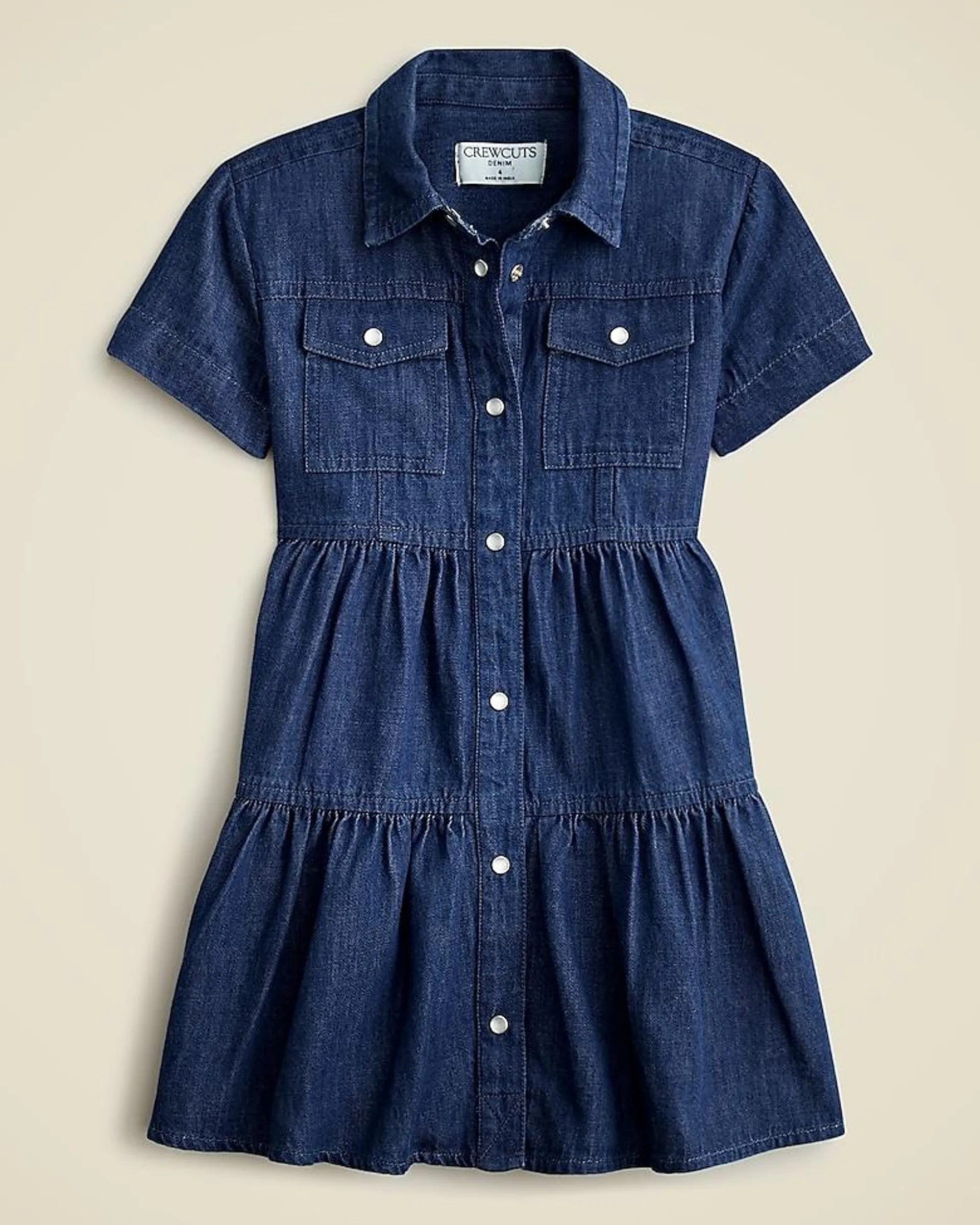 Girls' patch-pocket shirtdress in drapey denim