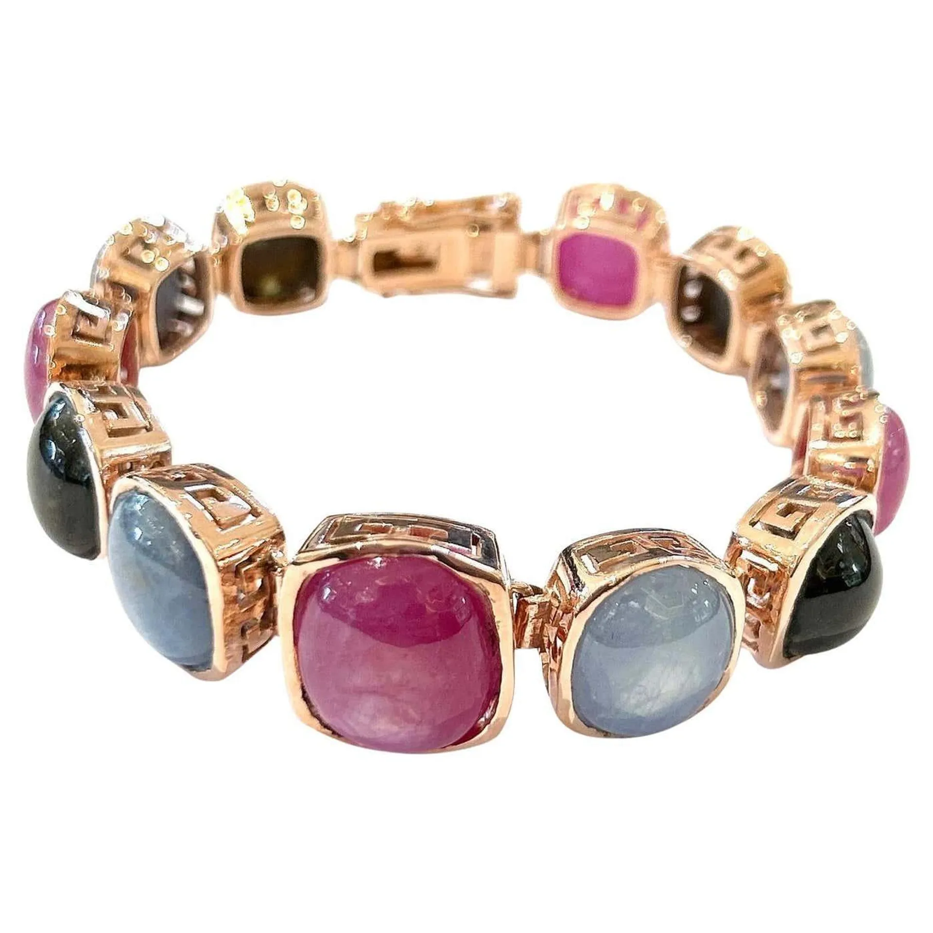 Bochic “Capri” Red Ruby & Multi Color Fancy Sapphires Cuff Set In 18K & Silver