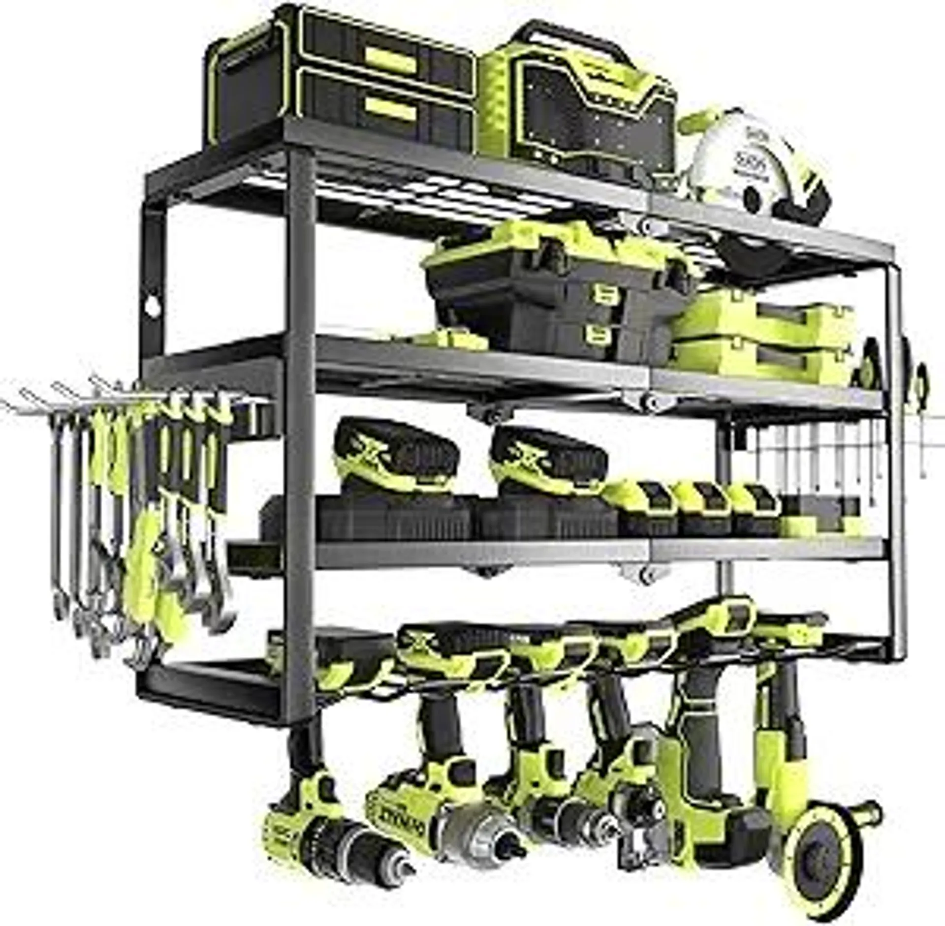 4 Layer Power Tool Organizer Wall Mount, Battery Tools Holder with Charging Station Shelf, Cordless Drill Hanger Storage Rack for Garage Organization, Workshop, Pegboard - 24 Inch 6 Slots