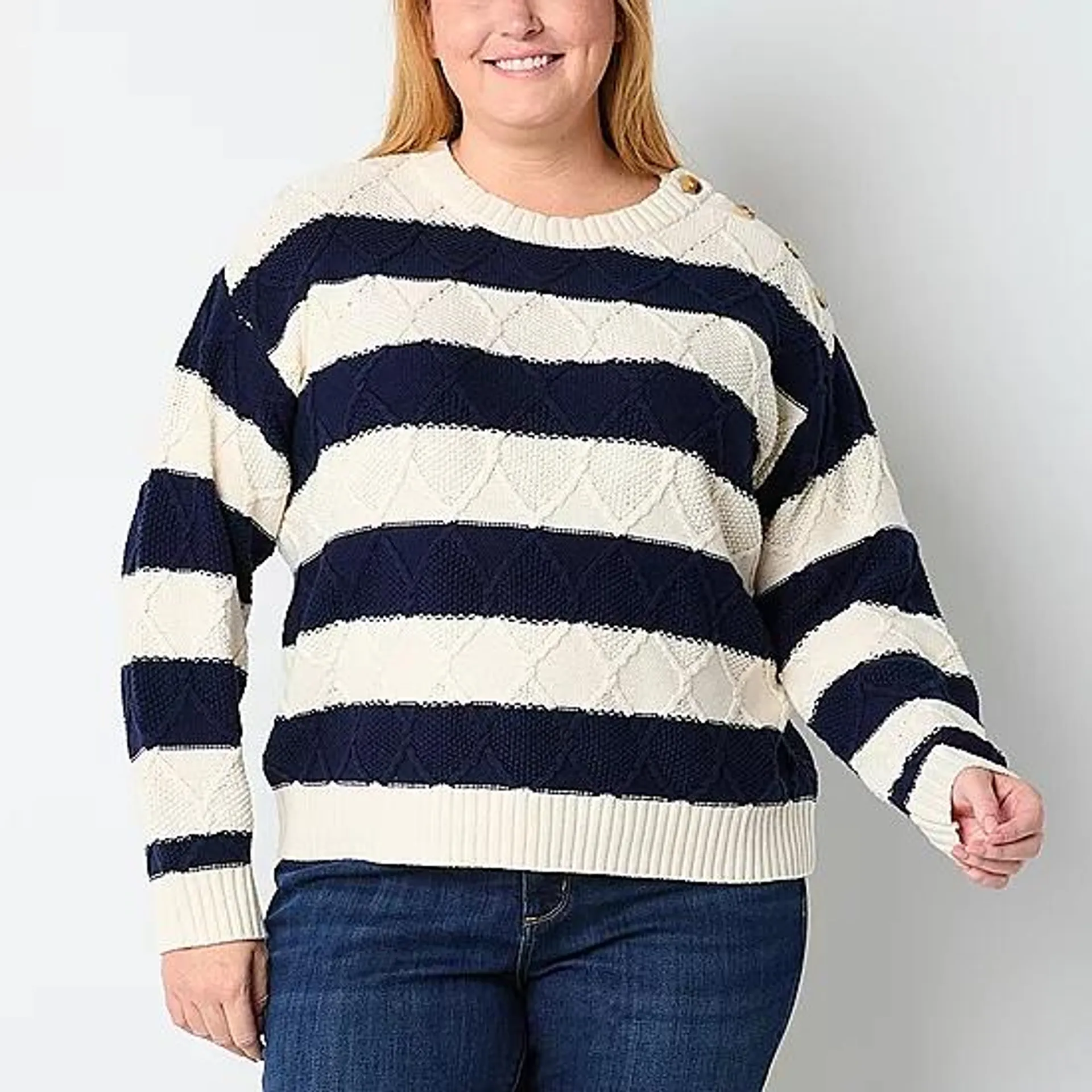 new! St. John's Bay Plus Womens Crew Neck Long Sleeve Striped Pullover Sweater