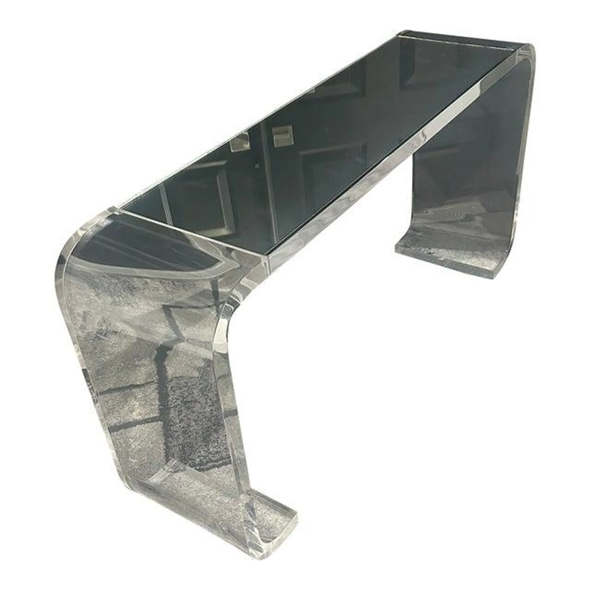 Lion in Frost Modern Lucite Waterfall Shape Sofa or Console Table With Inset Mirrored Top