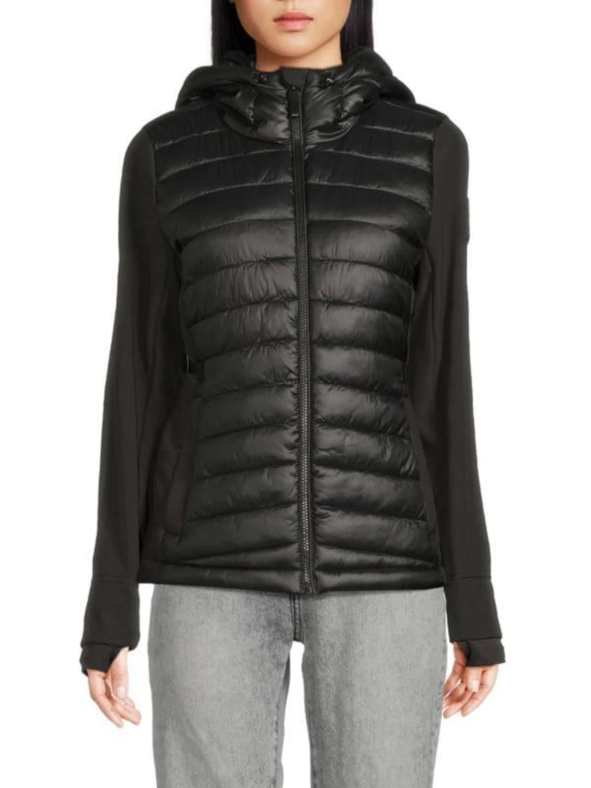 Mixed Media Hooded Puffer Jacket