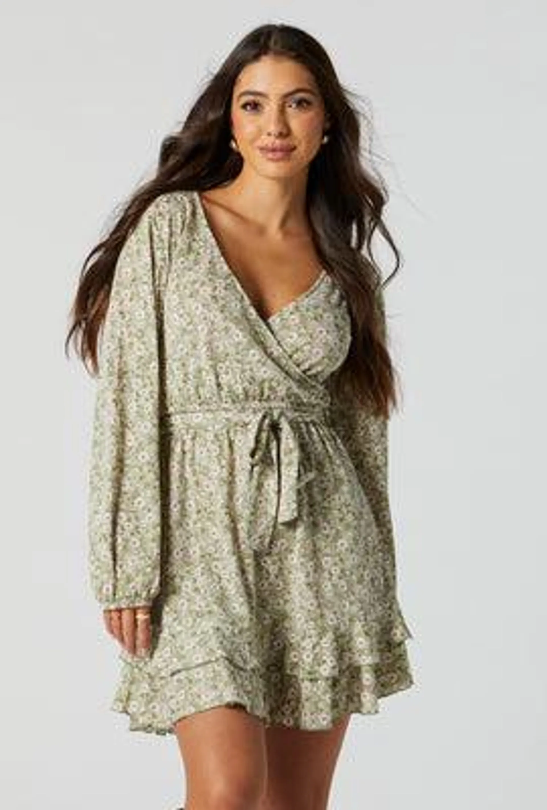 Green Floral Surplice Front Tie Mini Dress