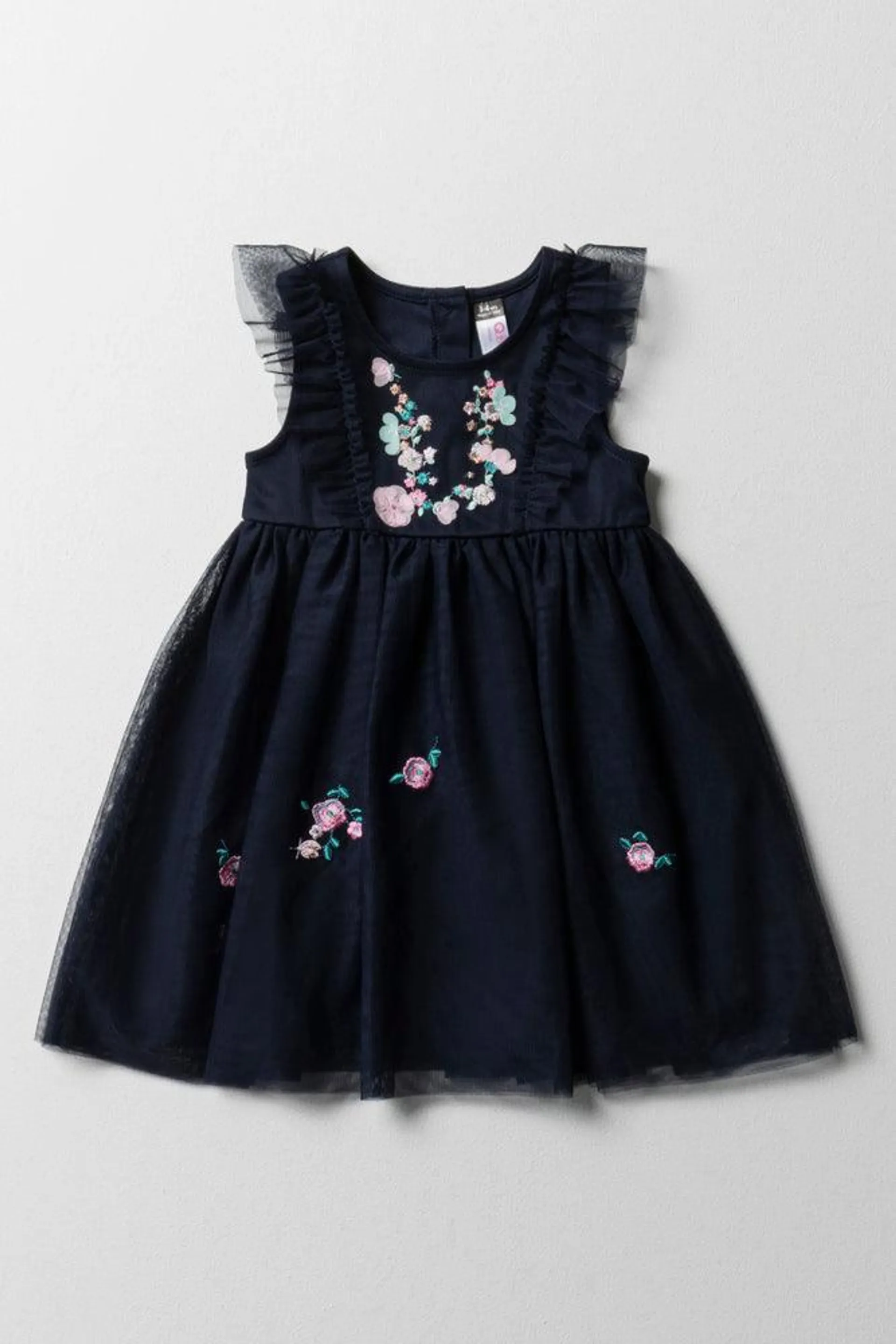 Embroidered Mesh Frill Dress Dark Navy