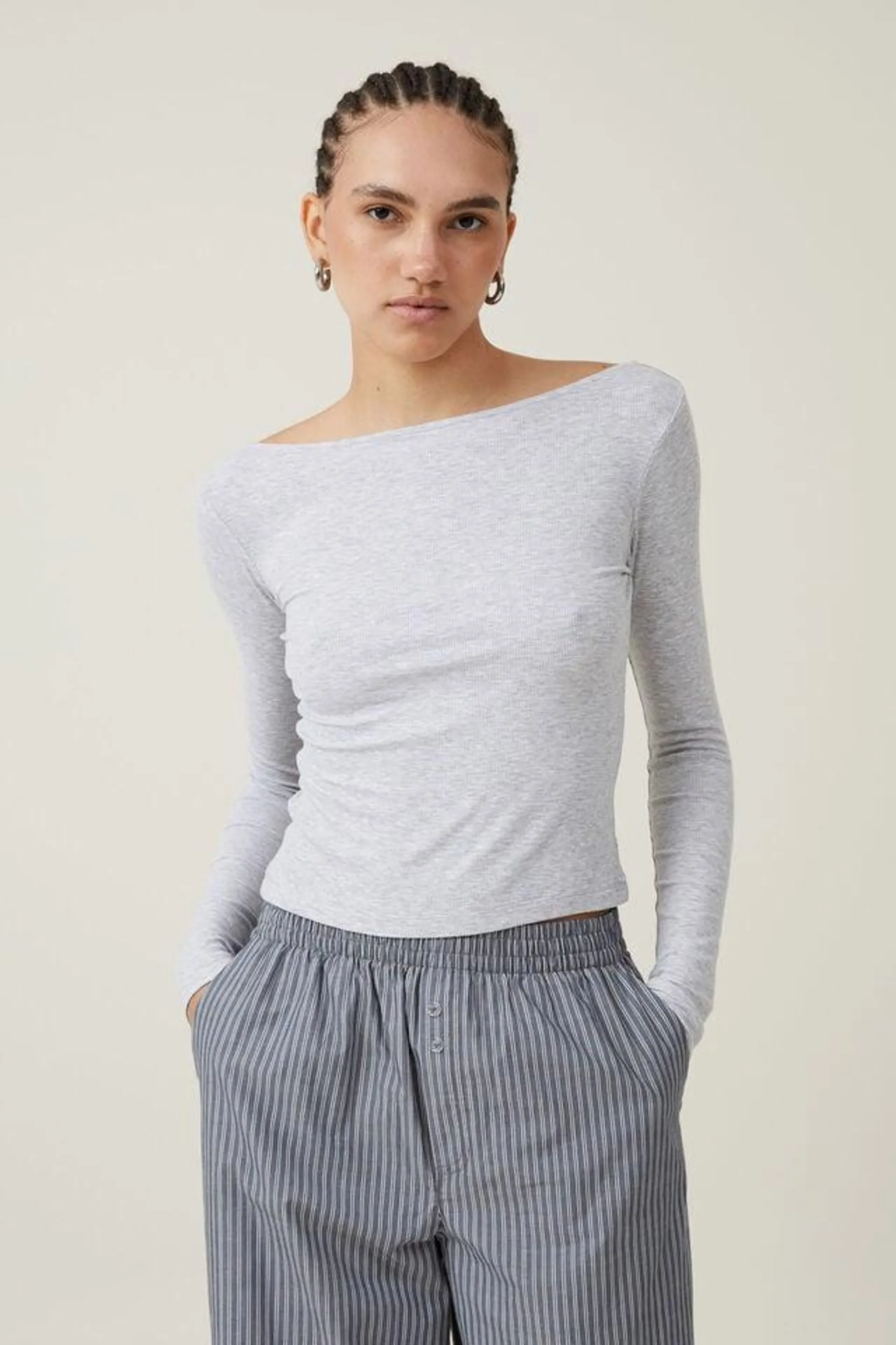 Staple Rib Boat Neck Long Sleeve Top