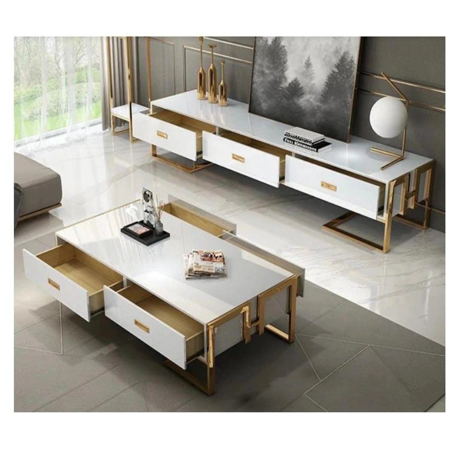 High gloss luxurious lounge set- tv stand and coffee table white