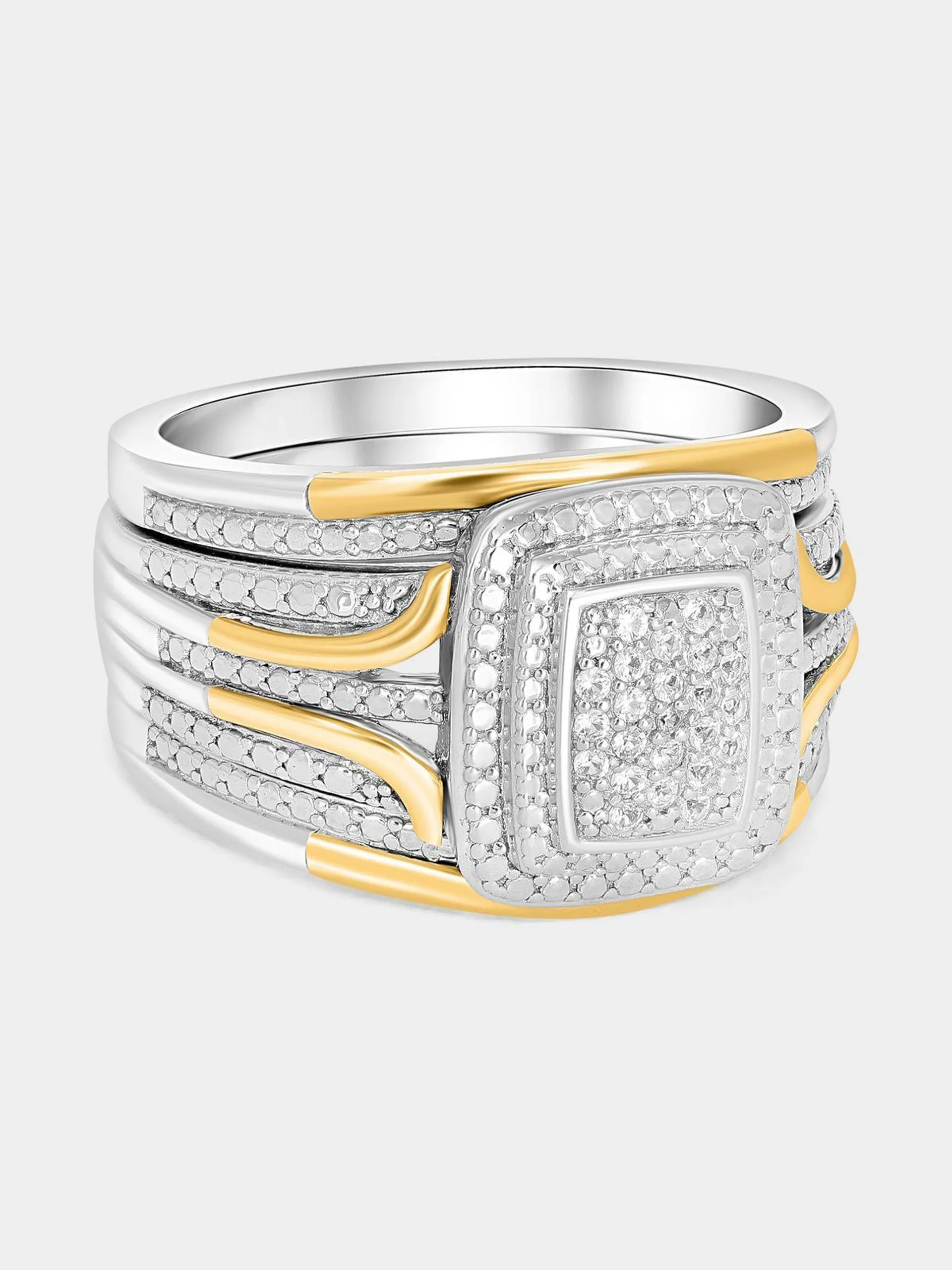 Yellow Gold & Sterling Silver Cluster Rec Diamond Tripset Ring