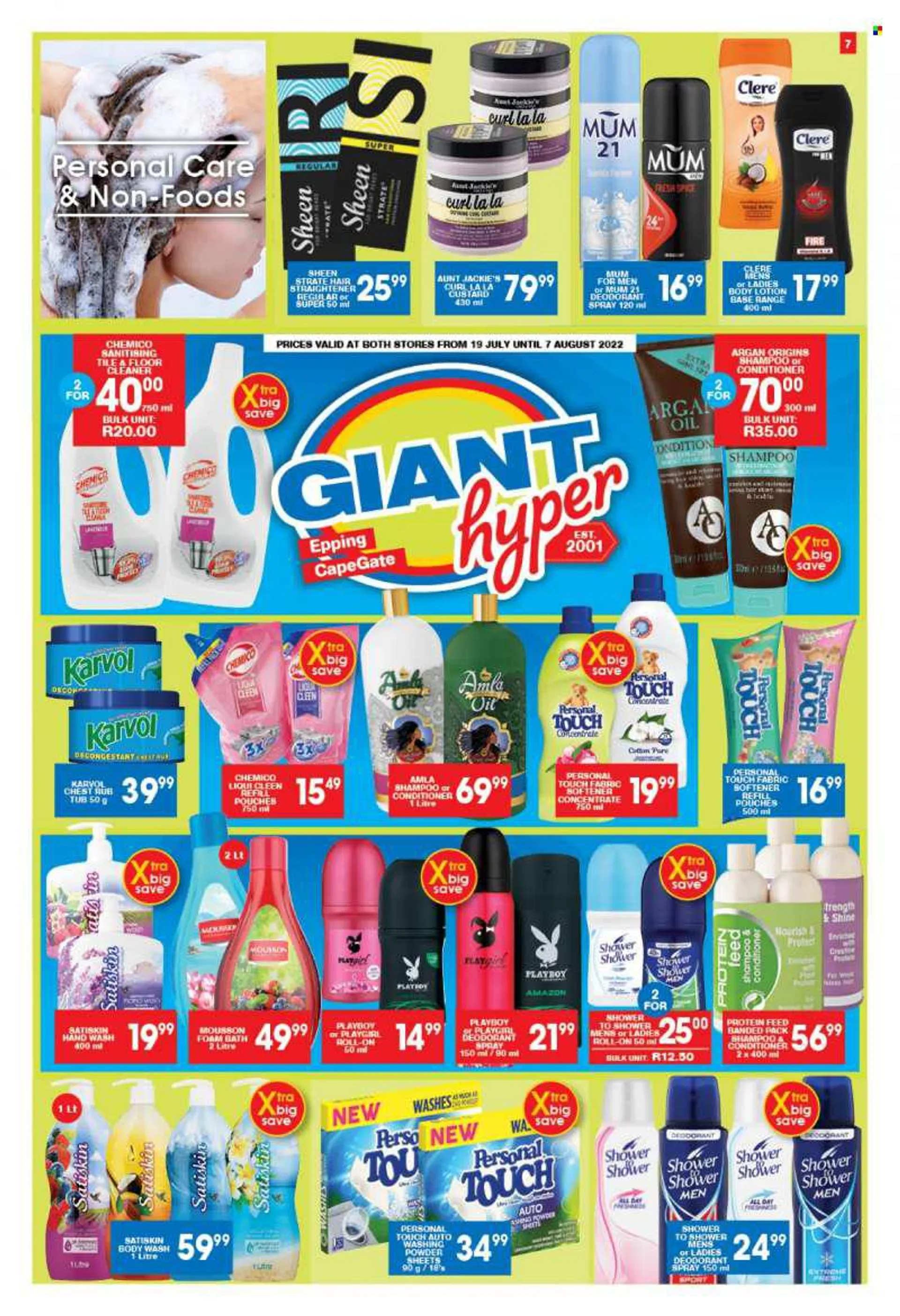 Giant Hyper catalogue  - 19/07/2022 - 07/08/2022 - Sales products - custard, plant protein, spice, oil, floor cleaner, cleaner, fabric softener, softener refill, laundry powder, body wash, shampoo, bath foam, hand wash, Mousson, Satiskin, conditioner, Aun