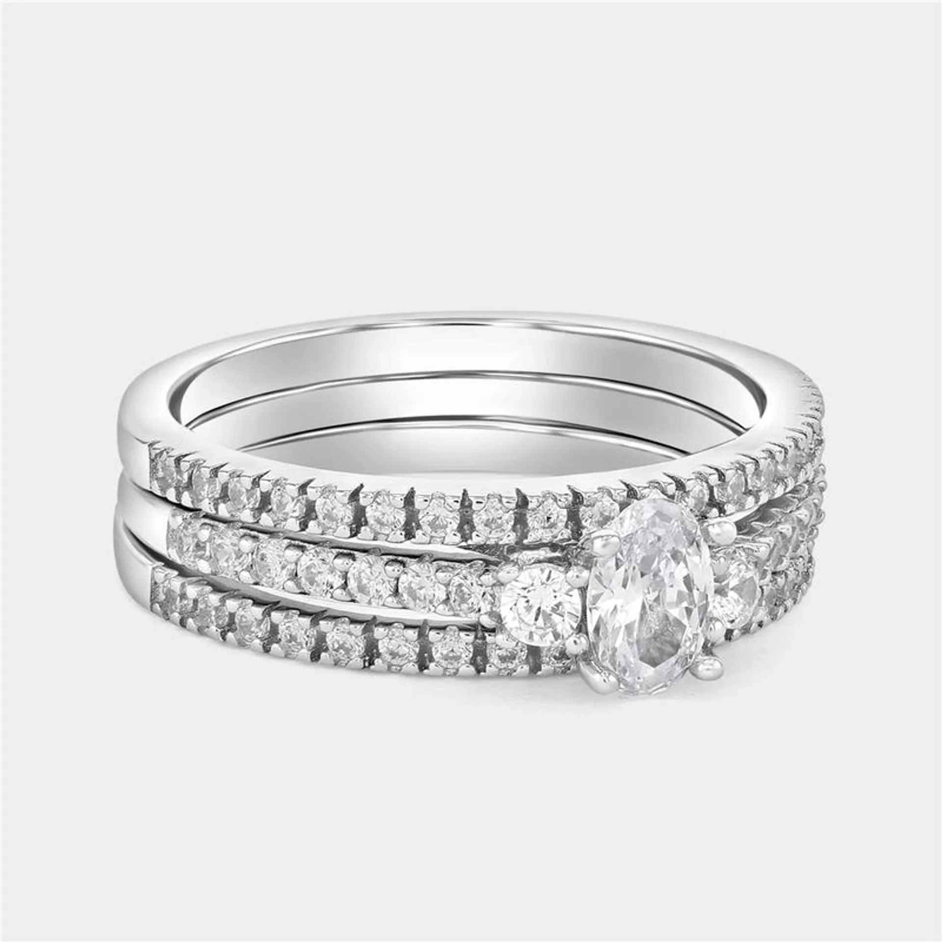 Sterling Silver Cubic Zirconia Oval Trilogy Triple Set Ring