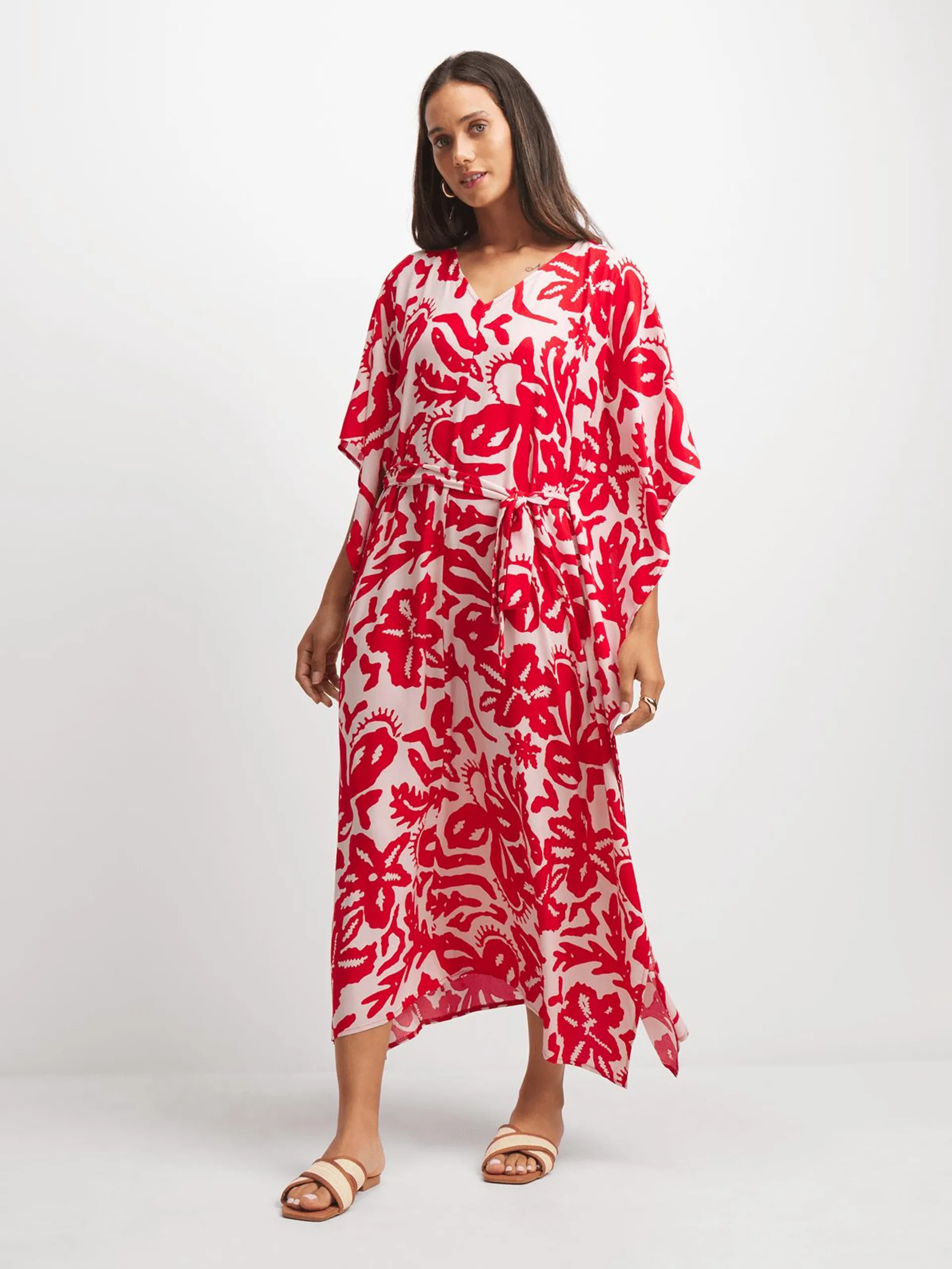 Women's Red & Natural Kaftan Dress