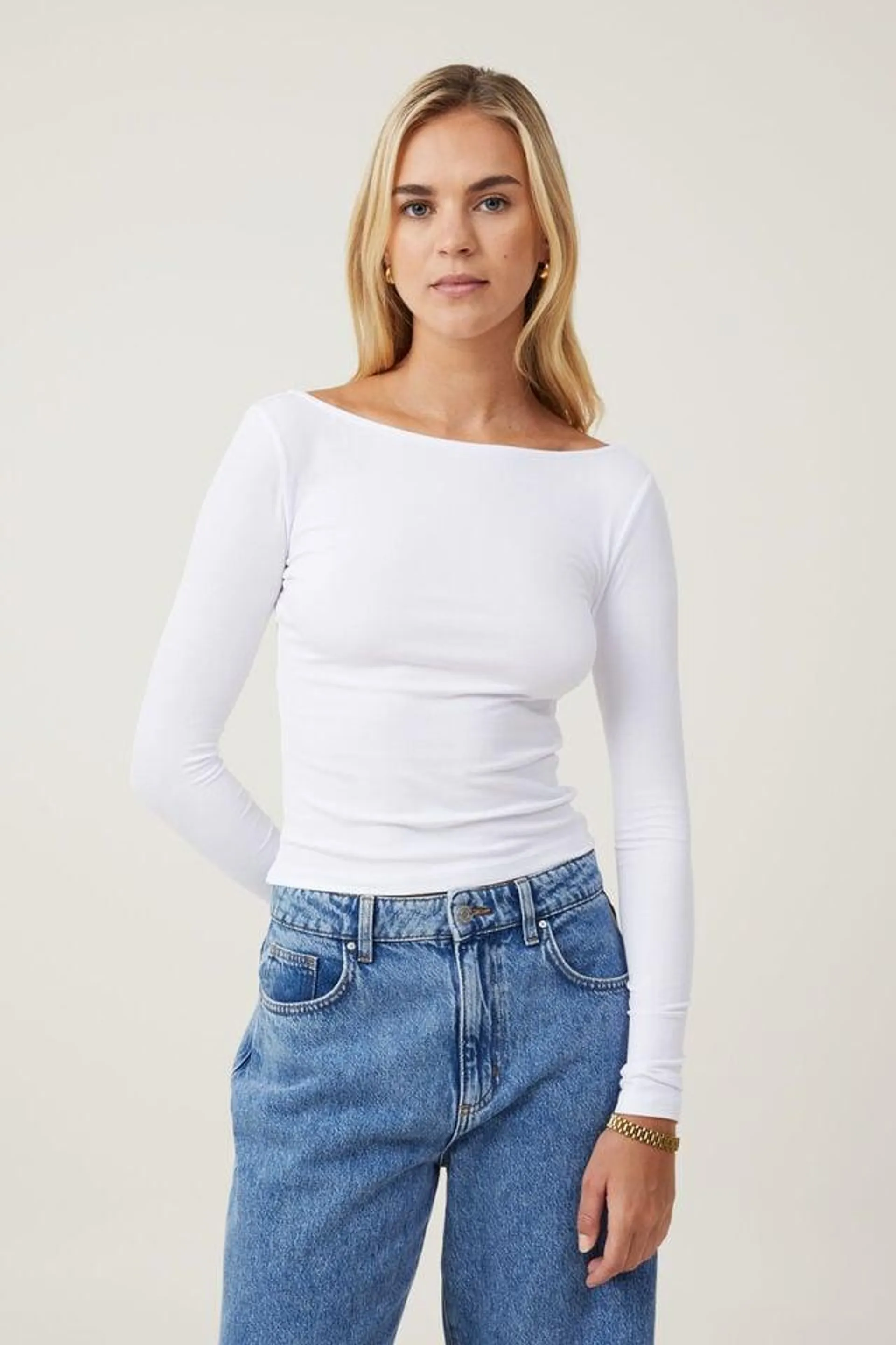 Staple Rib Boat Neck Long Sleeve Top