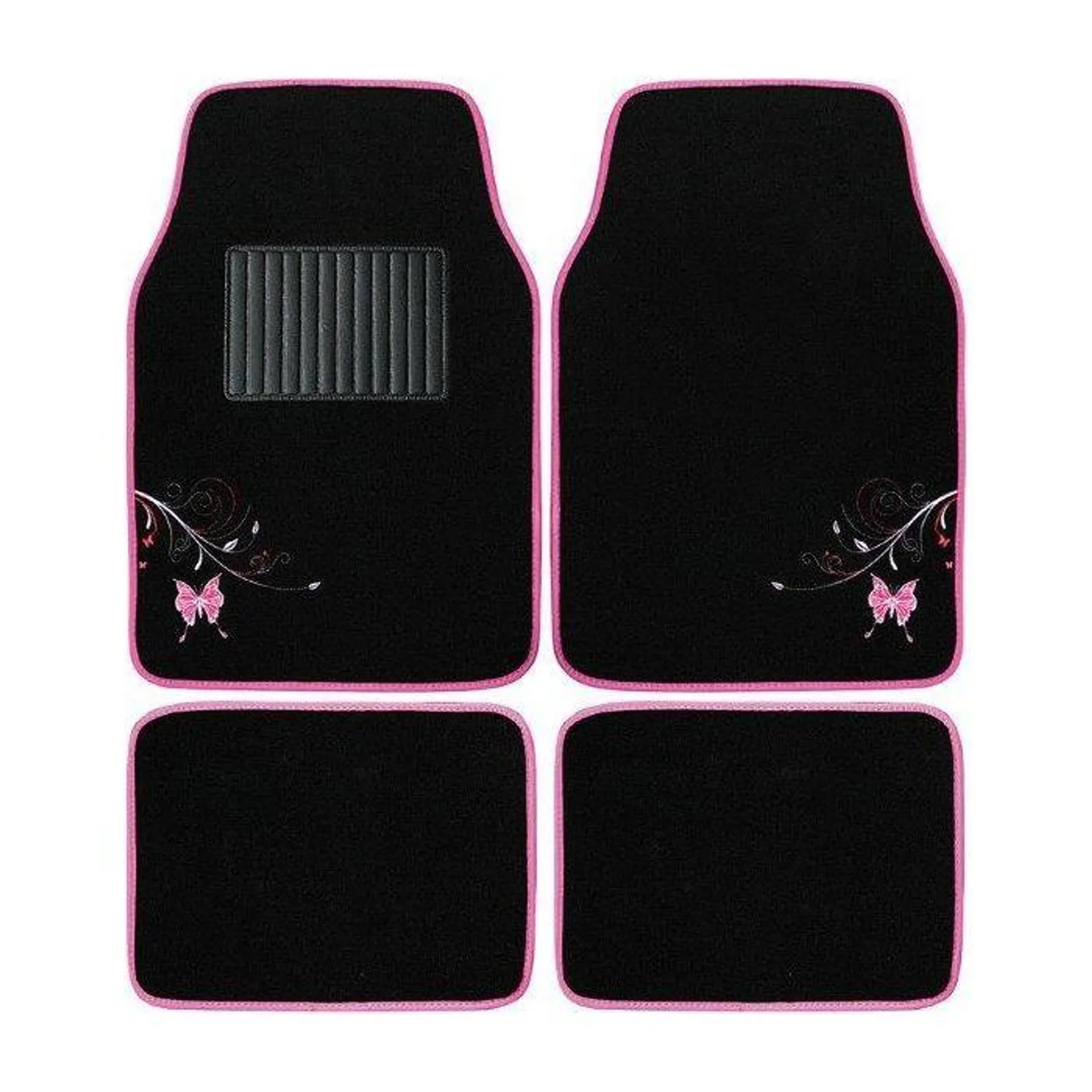 Autogear 4 Piece Floor Mat Set Black With Butterfly Pink