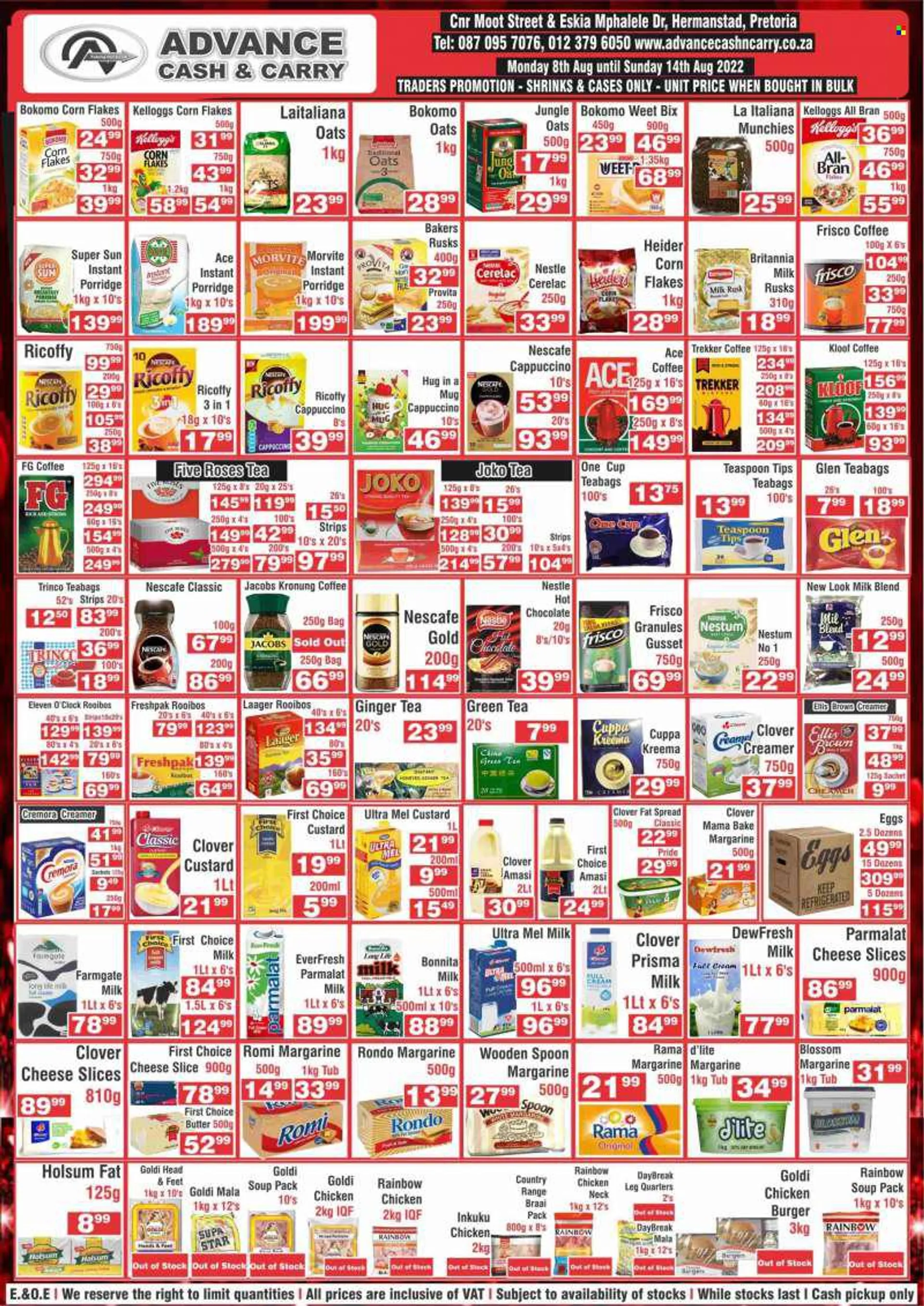 Advance Cash &amp; Carry catalogue  - 08/08/2022 - 14/08/2022 - Sales products - rusks, crispbread, soup, hamburger, sliced cheese, cheese, Parmalat, long life milk, Ellis Brown, amasi, eggs, Daybreak, butter, margarine, fat spread, Rama, Blossom, creamer
