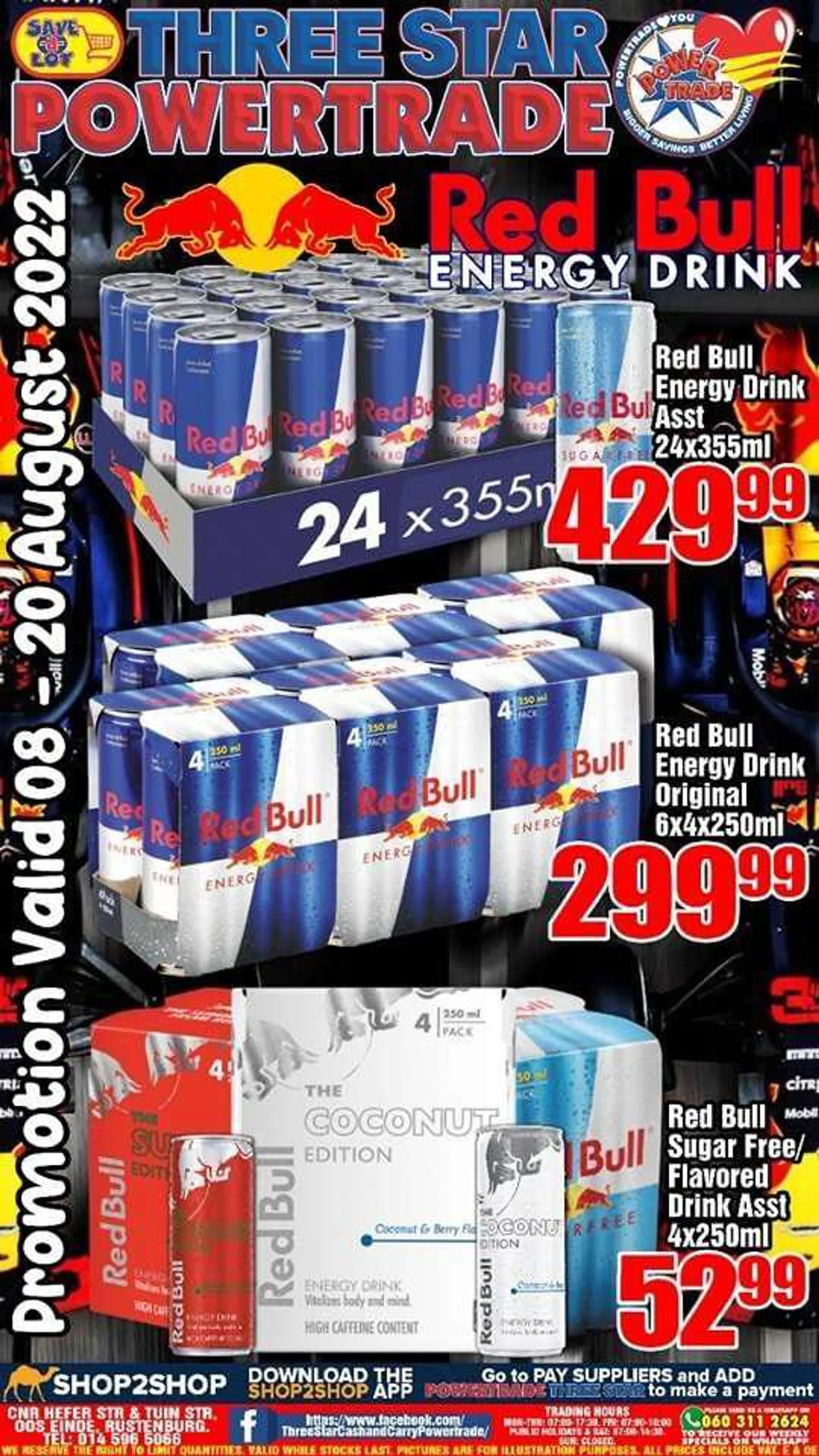 Three Star Cash and Carry catalogue  - 08/08/2022 - 20/08/2022 - Sales products - ham, energy drink, Red Bull. Page 1.