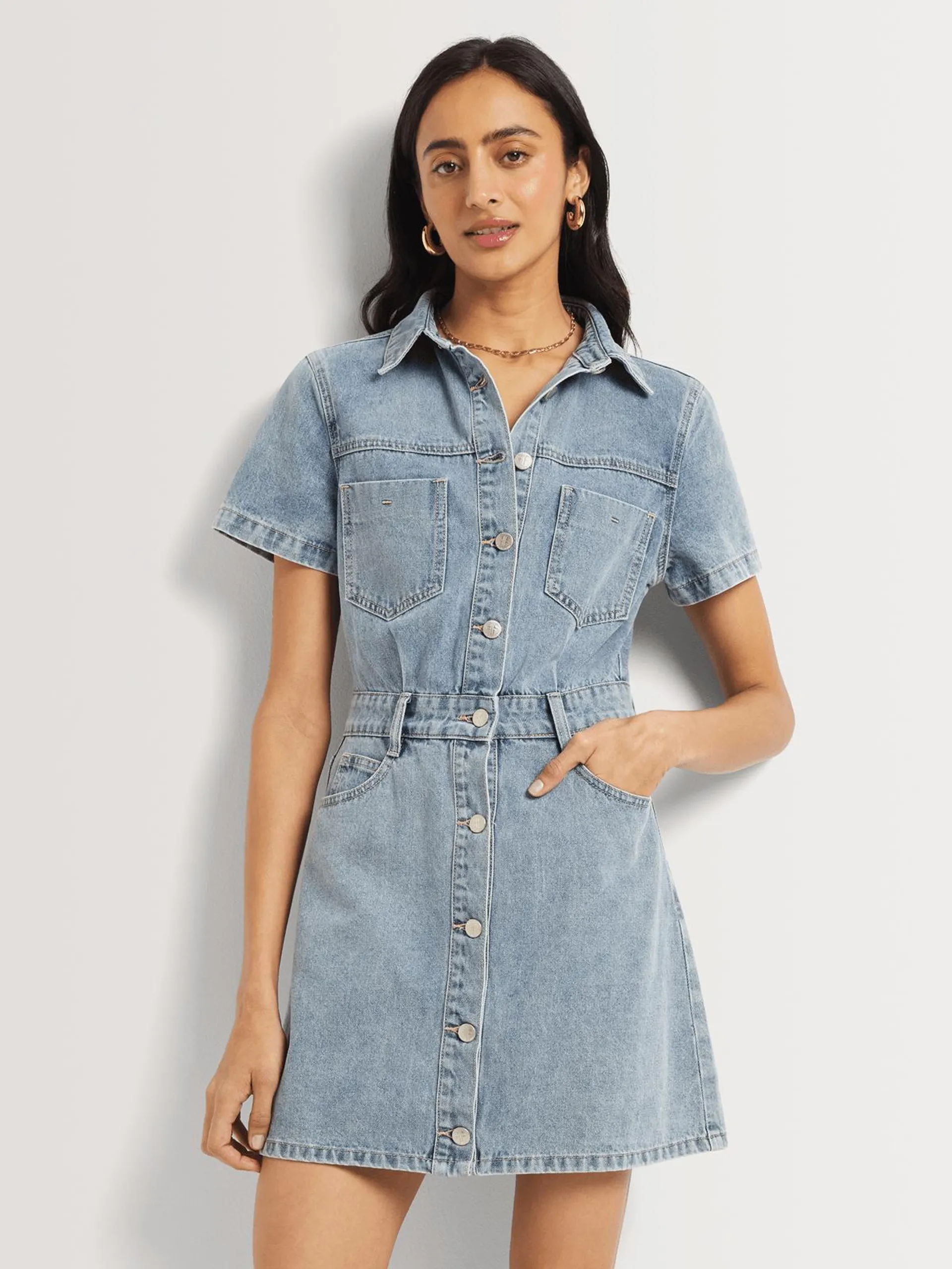 FF Denim Short Sleeve Button Through Dress