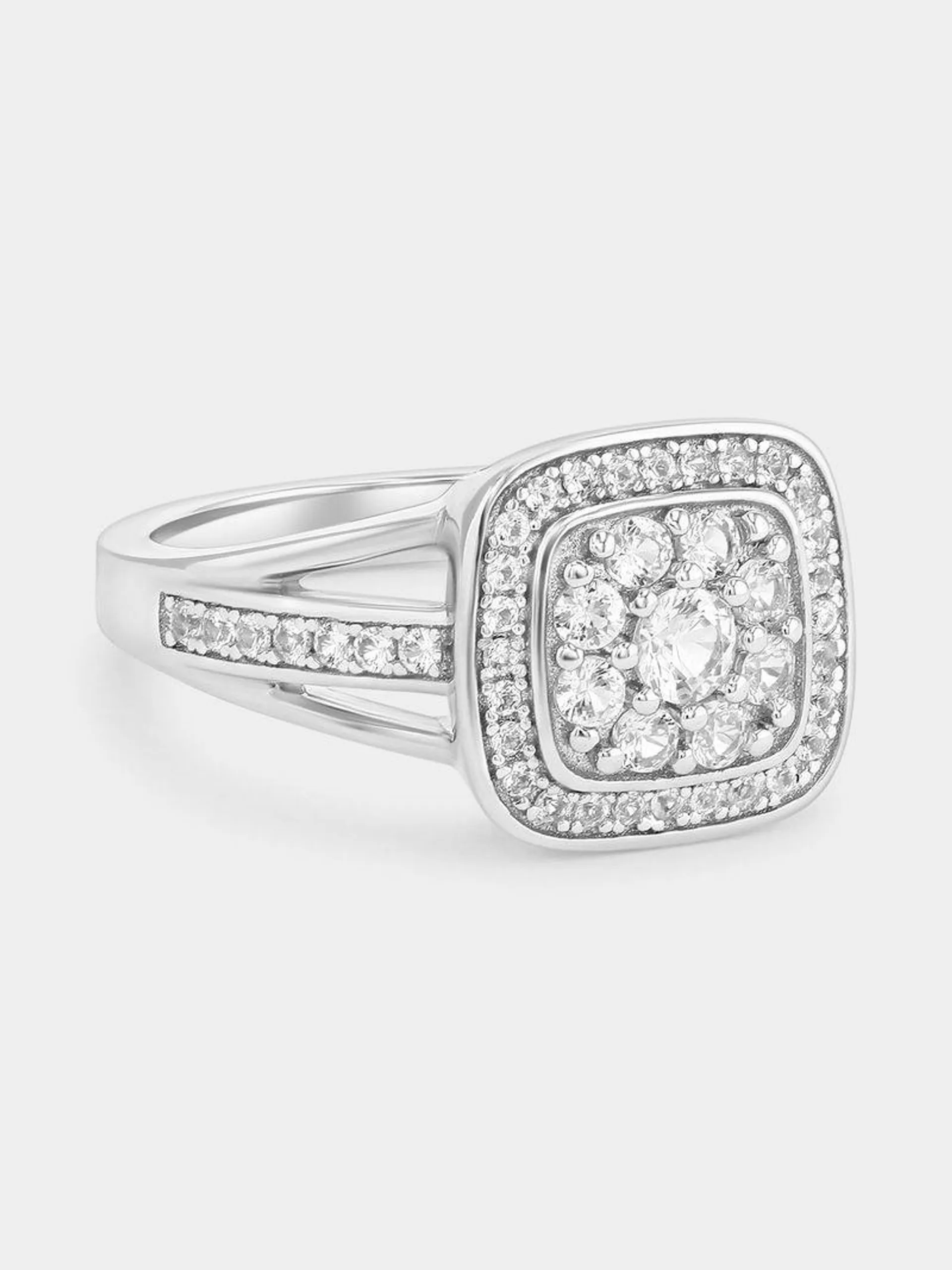 Sterling Silver Diamond Cushion Halo Ring