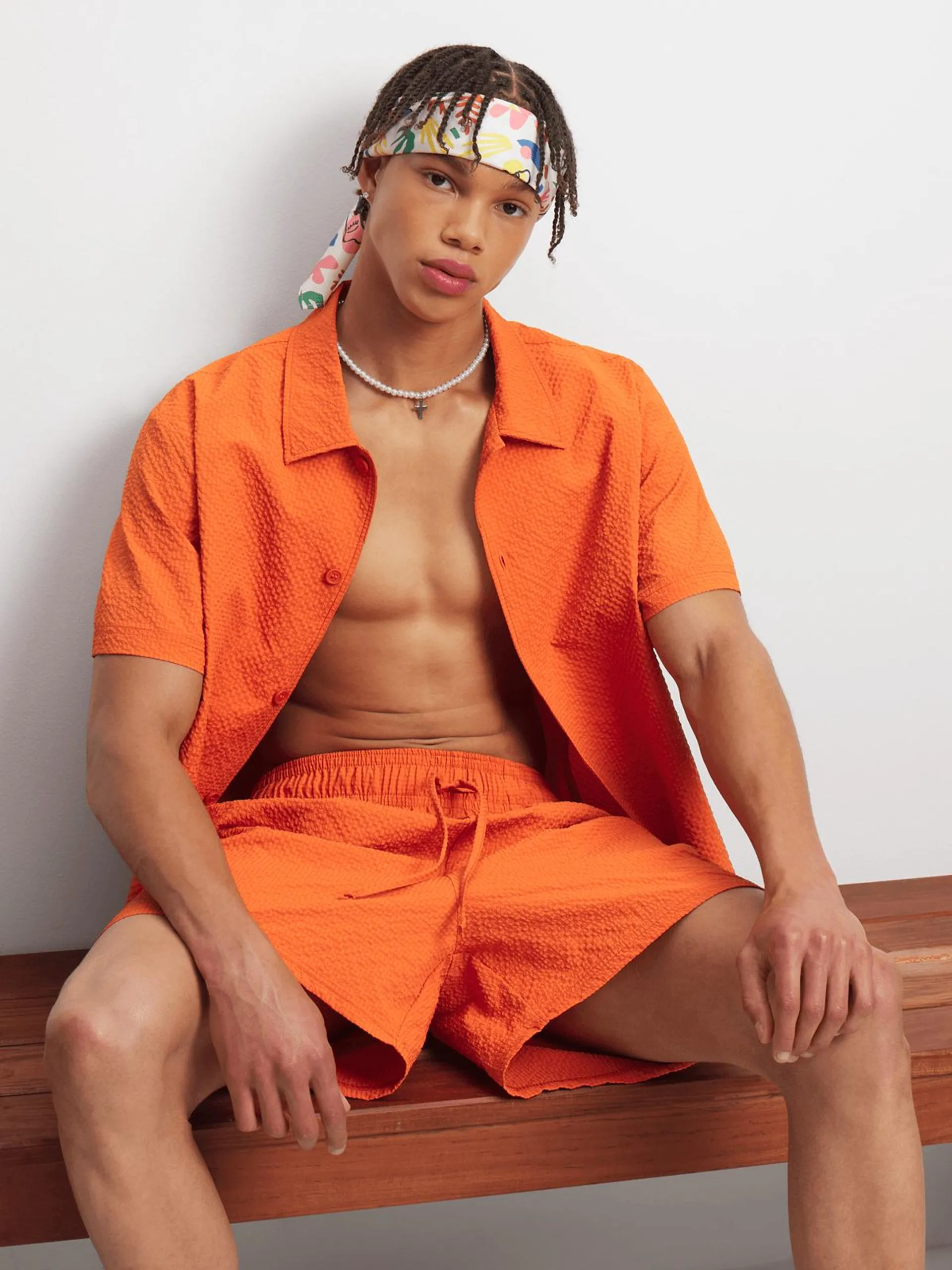 Men's Orange Co-Ord Seersucker Shorts