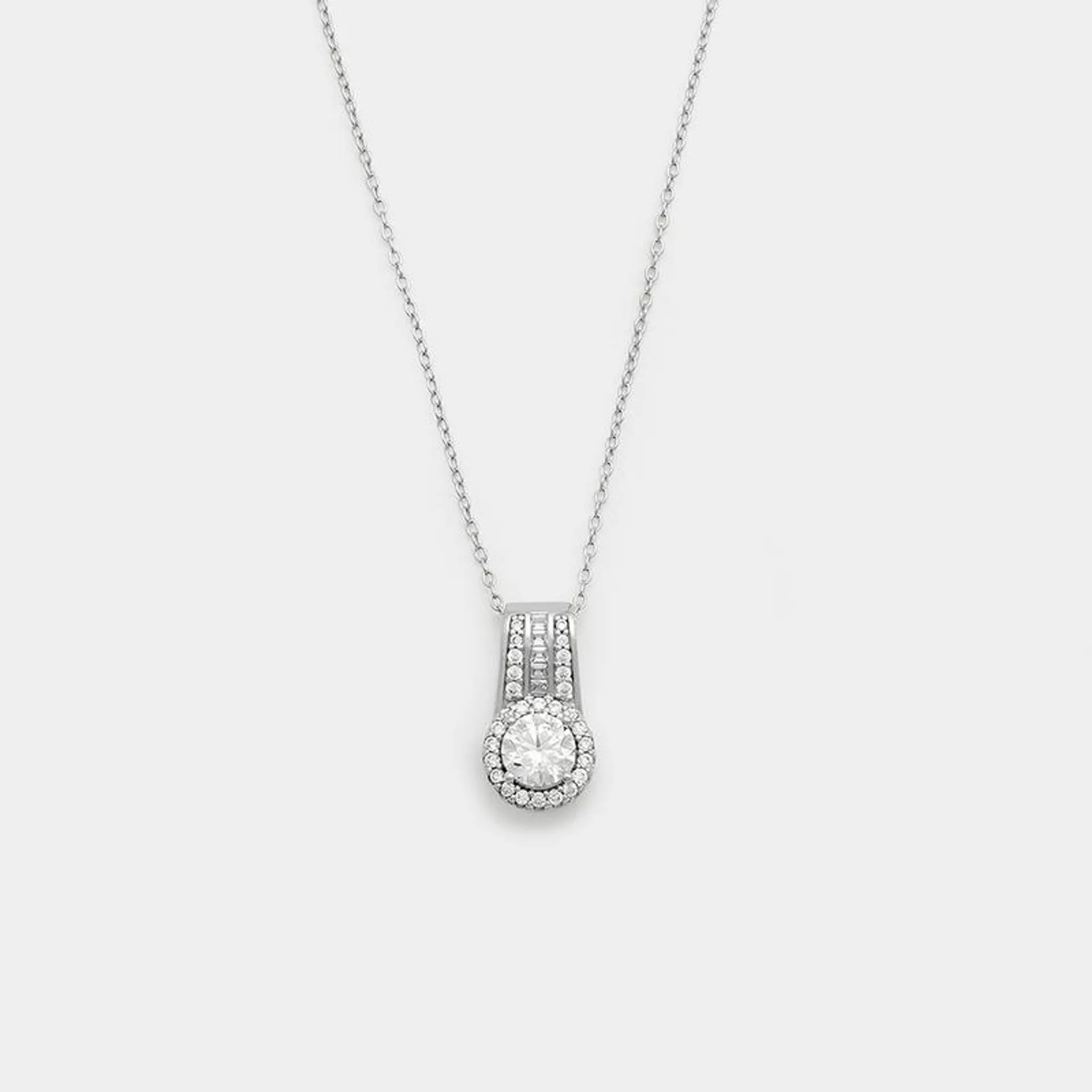 Sterling Silver Cubic Zirconia Round Halo Channel Pendant