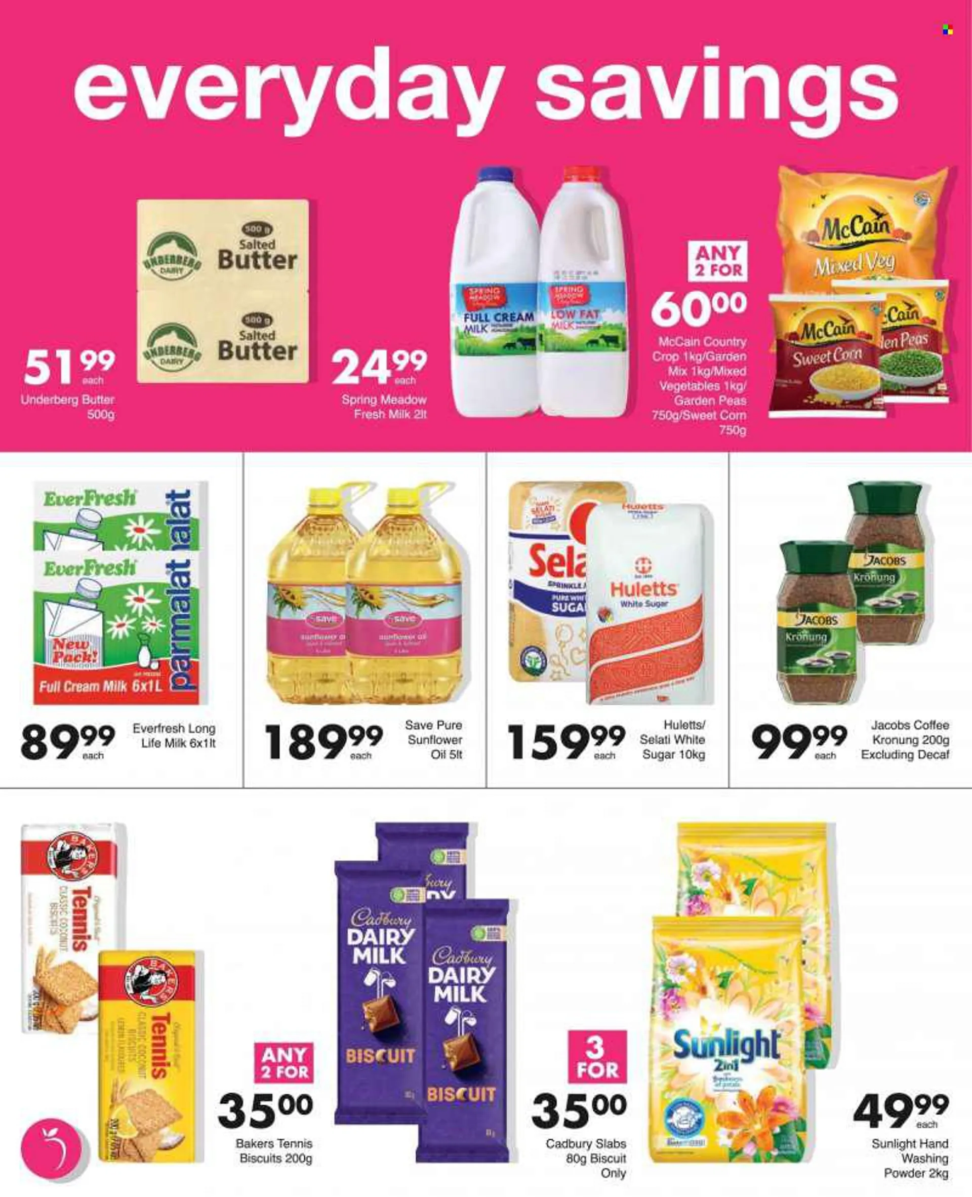 Save supermarket catalogue  - 11/08/2022 - 21/08/2022 - Sales products - corn, peas, sweet corn, coconut, Parmalat, Spring Meadow, long life milk, butter, mixed vegetables, McCain, biscuit, Cadbury, sugar, Huletts, sunflower oil, oil, coffee, Jacobs, Jaco