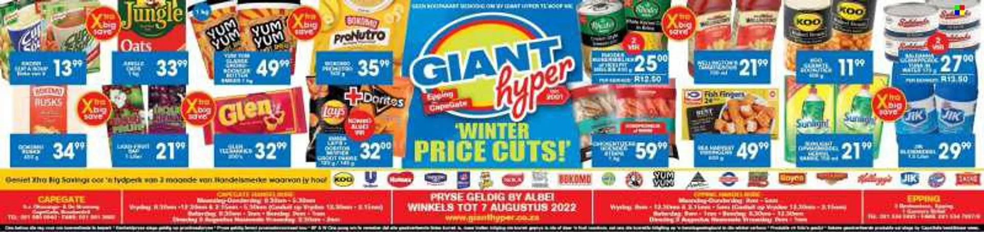 Giant Hyper catalogue  - 29/07/2022 - 07/08/2022 - Sales products - rusks, beans, tuna, fish, fish fingers, Sea Harvest, fish sticks, soup, Knorr, Danone, strips, Nestlé, Kelloggs, Doritos, Lays, Simba, oats, tuna in water, baked beans, Koo, ProNutro, mue