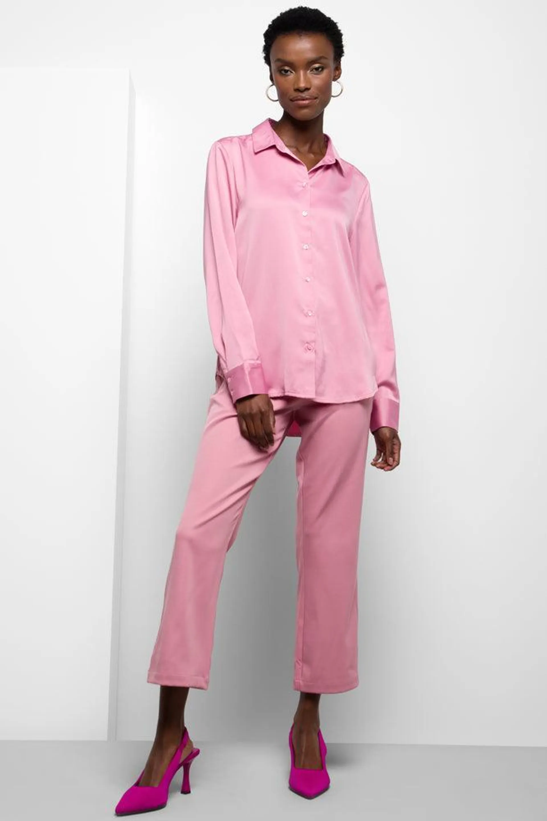 Satin Long Sleeve Shirt Pink