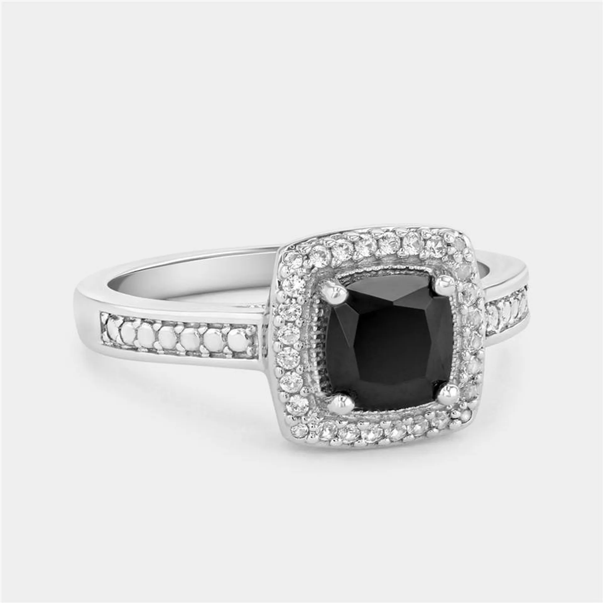 Sterling Silver Diamond & Black Sapphire Cushion Halo Ring