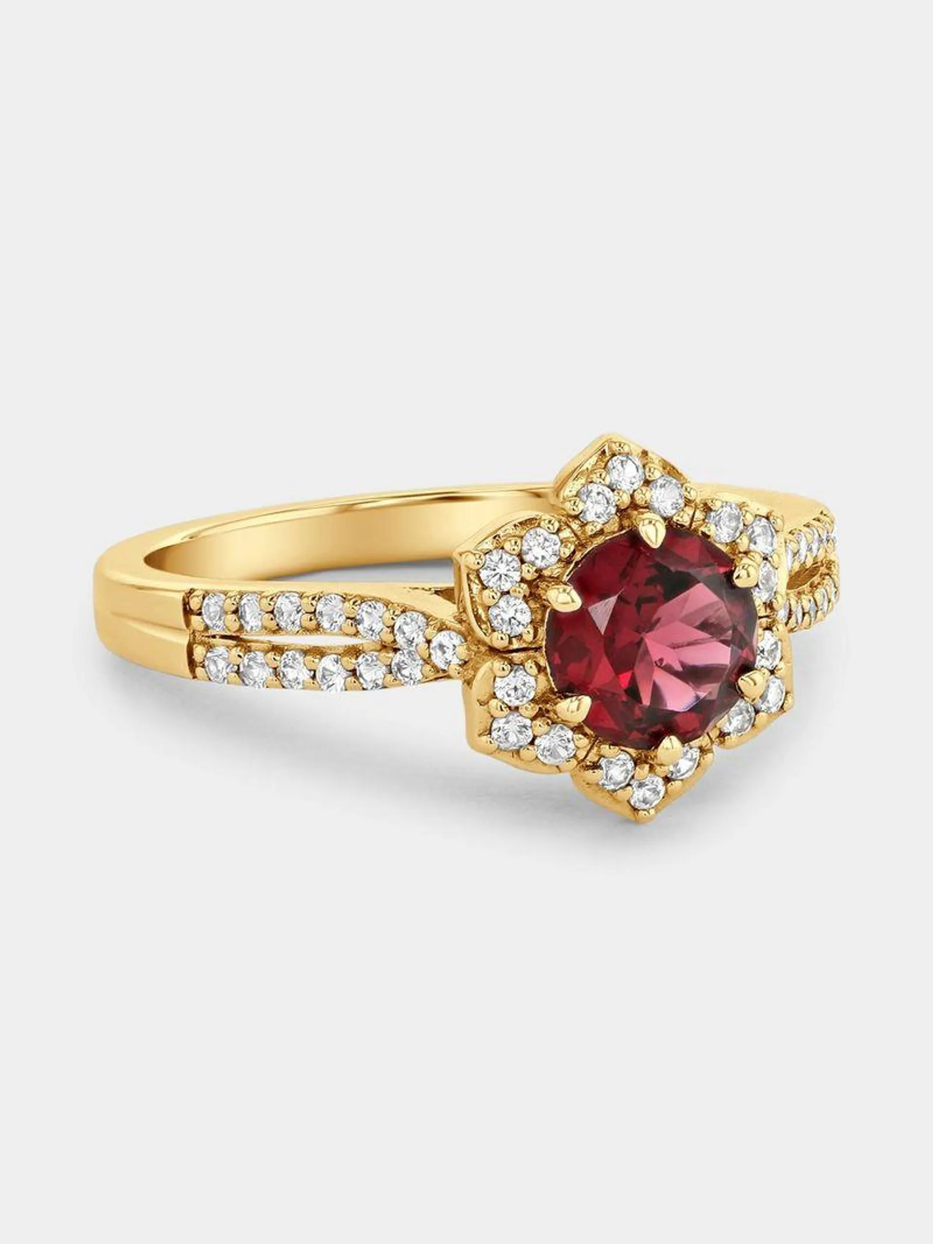 Yellow Gold Rhodolite & Created White Sapphire Flower Ring