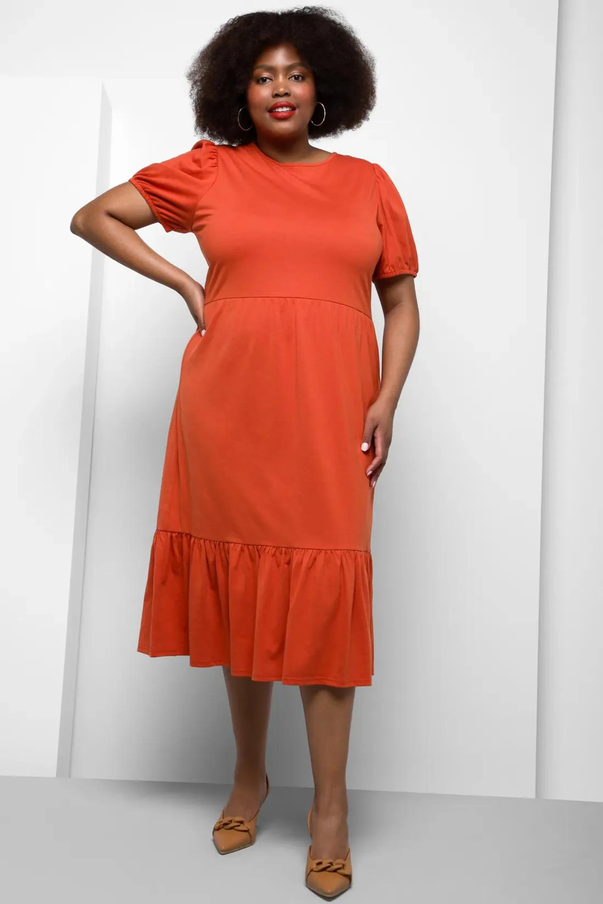 Tiered puff sleeve dress orange