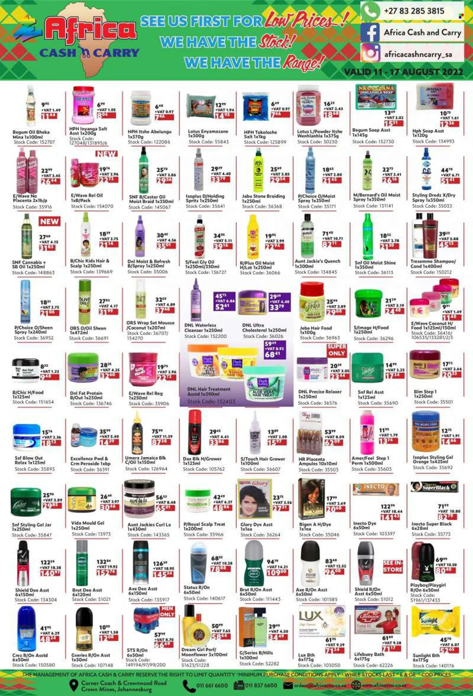 Africa Cash &amp; Carry catalogue  - 11/08/2022 - 17/08/2022 - Sales products - orange, cod, oil, Sunlight, WAVE, Lux, shampoo, soap, Lifebuoy, cleanser, TRESemmé, styling gel, Isoplus, relaxer, Aunt Jackies, Playboy, deodorant, Playgirl, Dream Girl, Brut