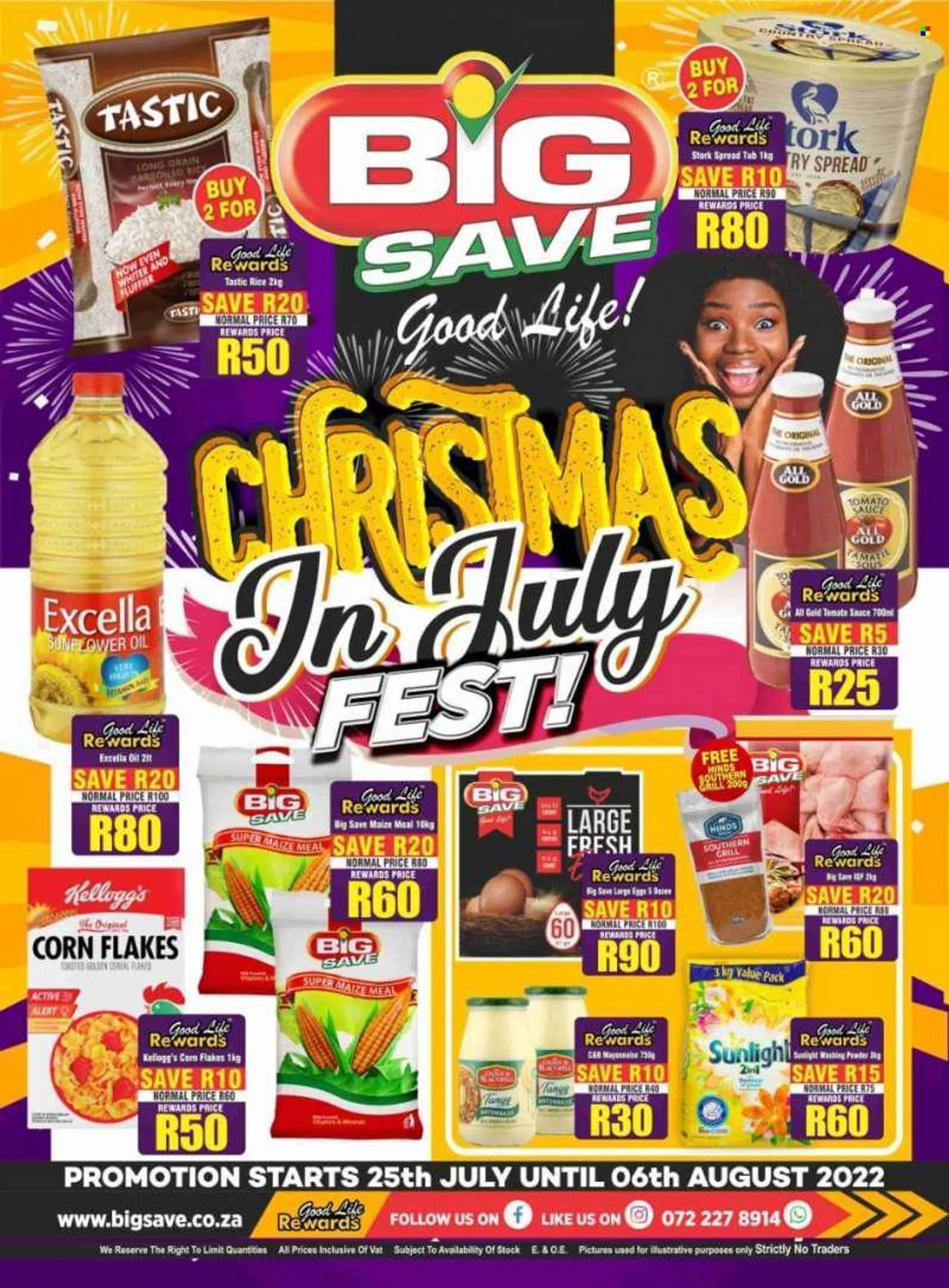 Big Save catalogue  - 25/07/2022 - 06/08/2022 - Sales products - sauce, large eggs, mayonnaise, Kelloggs, maize meal, tomato sauce, cereals, corn flakes, rice, Tastic, Good Life, Hinds, sunflower oil, oil, laundry powder, Sunlight, grill. Page 1.