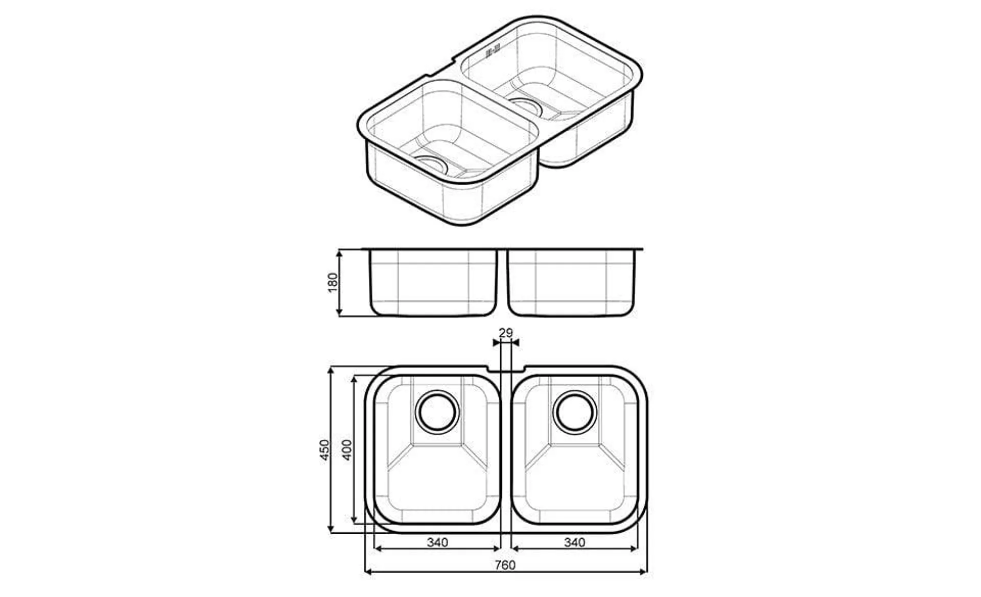 Smeg Alba Double Undermount Sink With Two Strainer Wastes 760 x 450 x 180mm