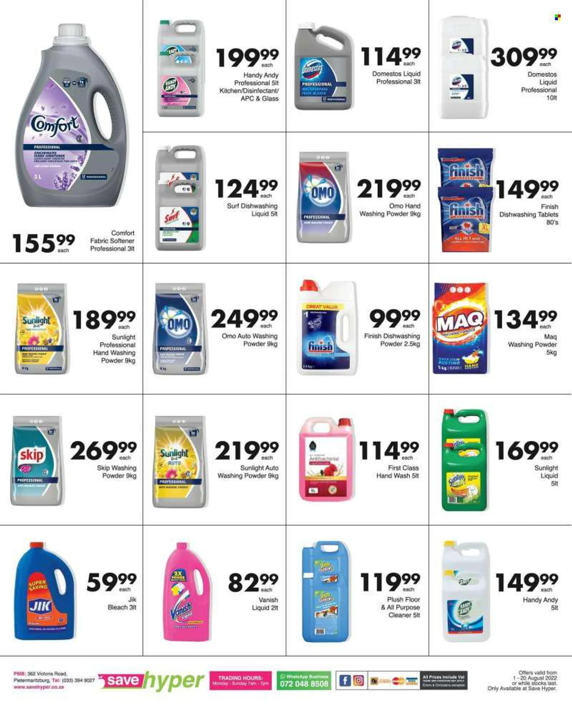 Save hyper catalogue  - 01/08/2022 - 20/08/2022 - Sales products - Domestos, bleach, all purpose cleaner, desinfection, cleaner, stain remover, Vanish, fabric softener, fabric conditioner, Omo, thick bleach, laundry powder, Sunlight, Surf, Comfort softene