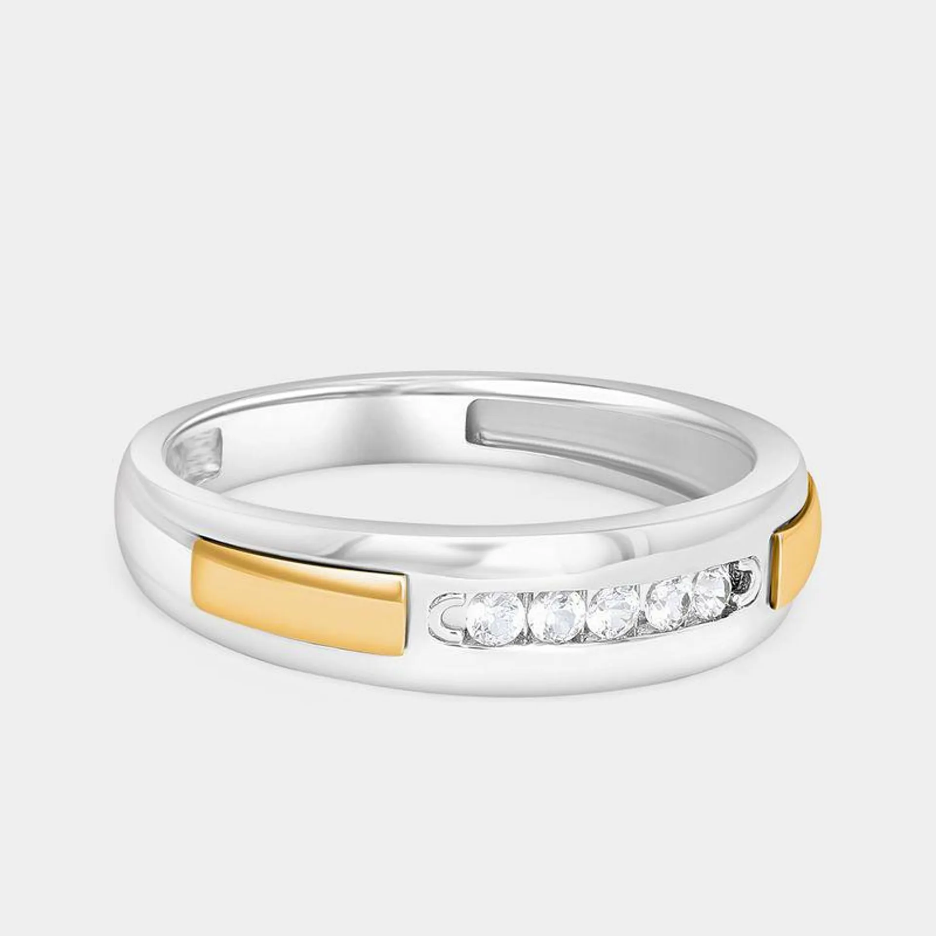 Yellow Gold & Sterling Silver Diamond Horizontal Groove Ring