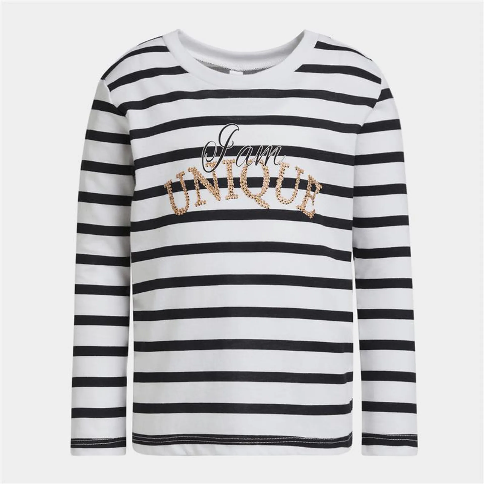 Younger Girl's Black & White Striped Graphic Print T-Shirt