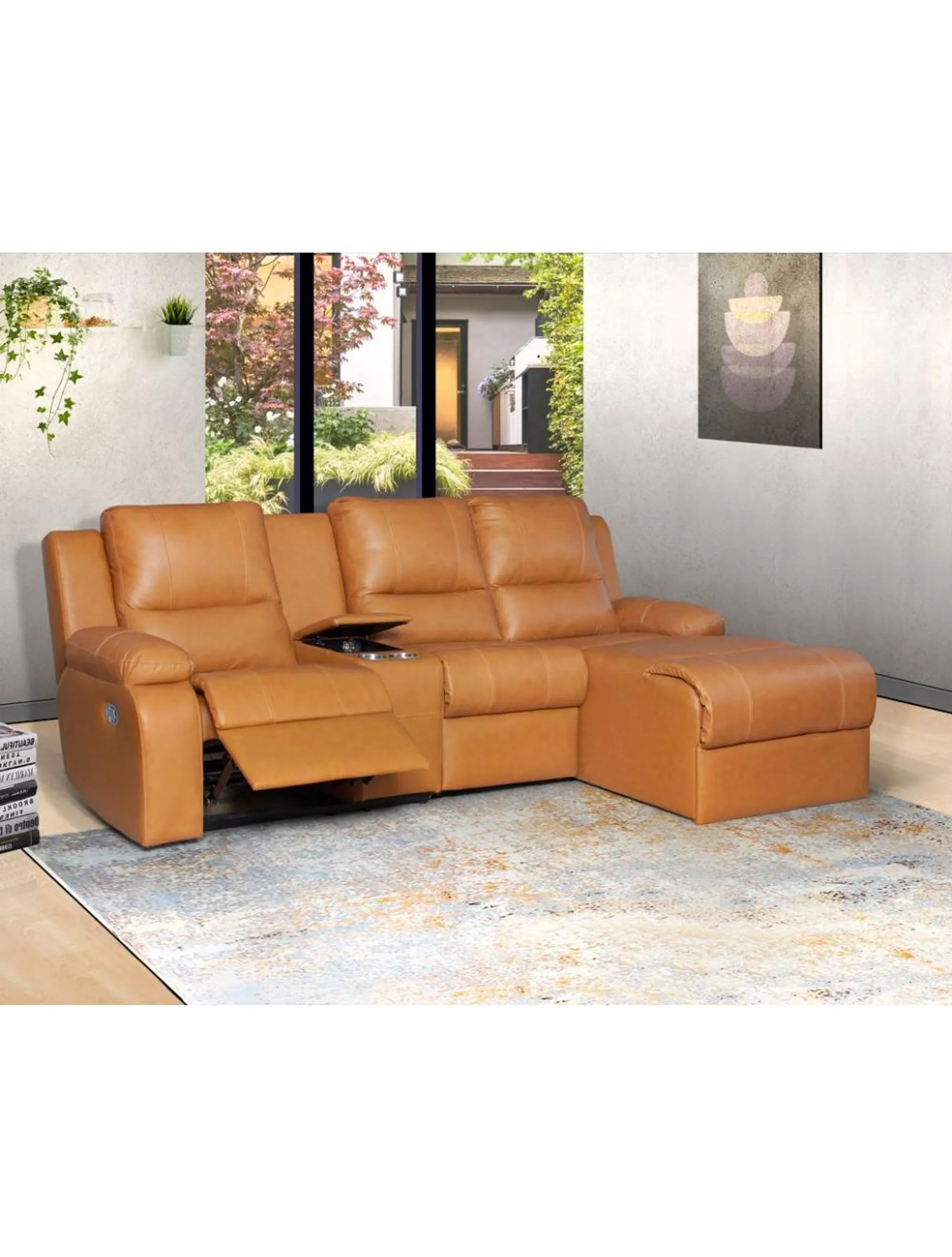 Angus Leather 2div Chaise Console Recliner Suite