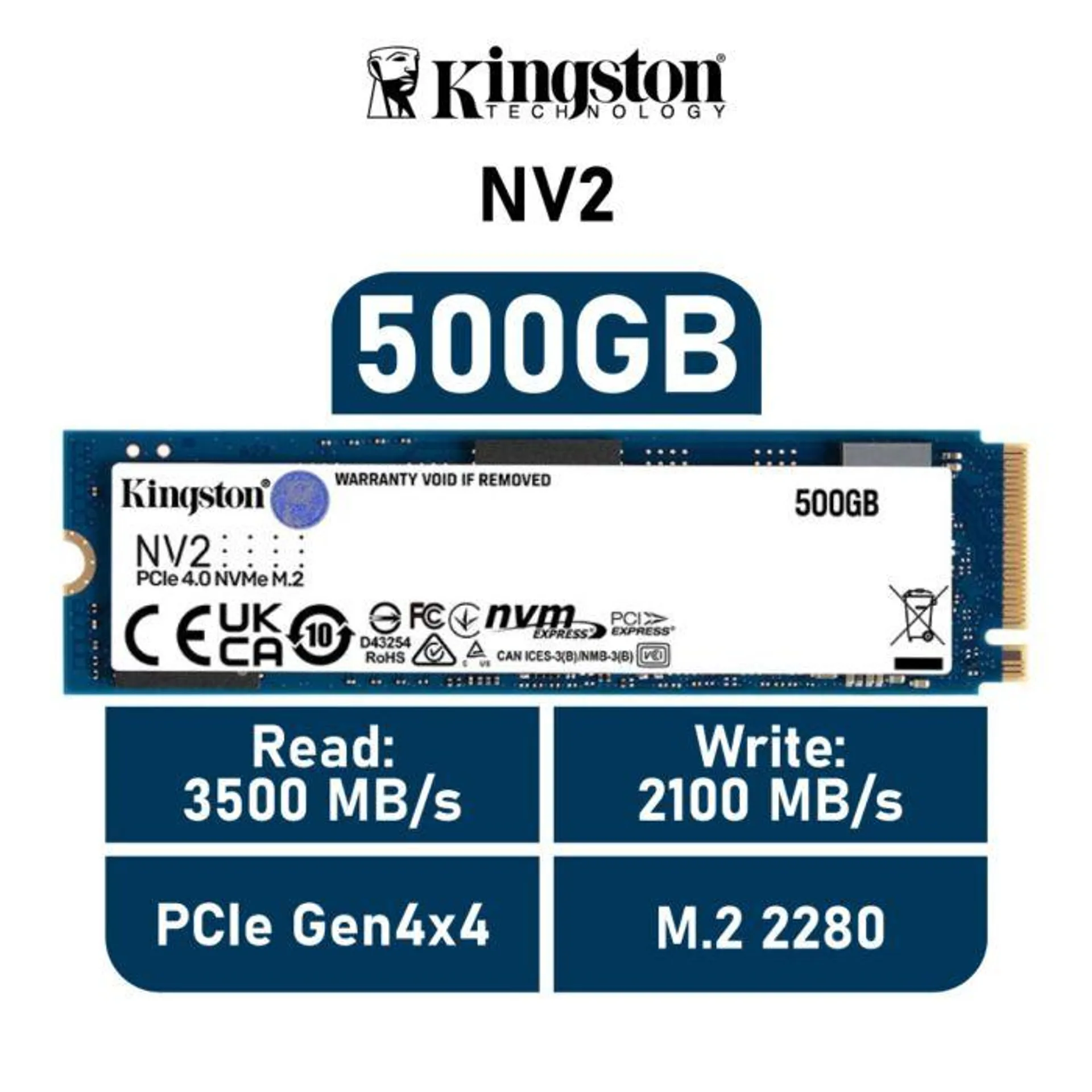 Kingston NV2 500GB PCIe Gen4x4 SNV2S/500G M.2 2280 Solid State Drive