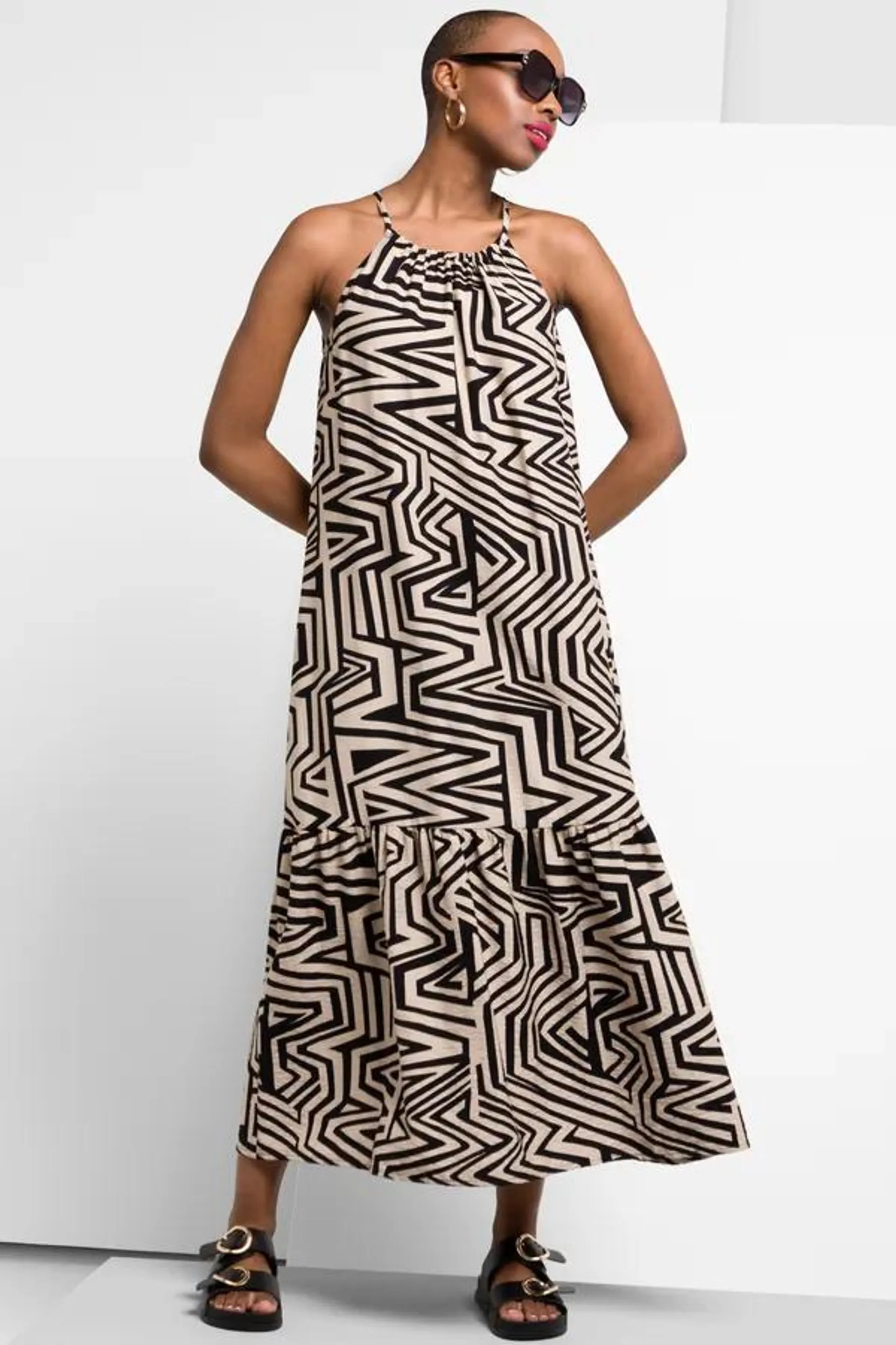 Halter neck maxi dress natural & black