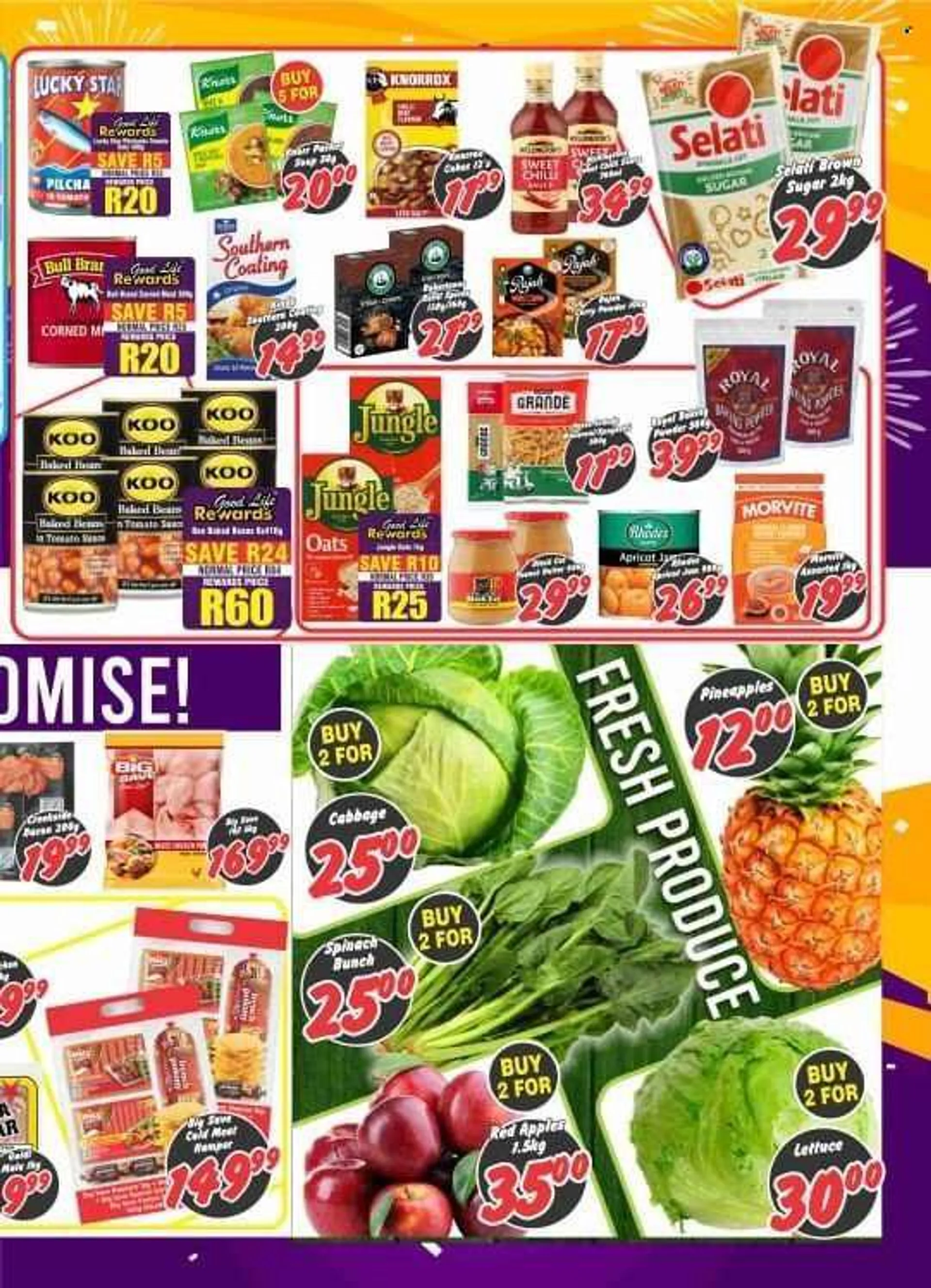 Big Save catalogue  - 25/07/2022 - 06/08/2022 - Sales products - cabbage, spinach, lettuce, pineapple, apples, cane sugar, oats, Knorrox, Koo, Good Life, Southern Coating. Page 3.