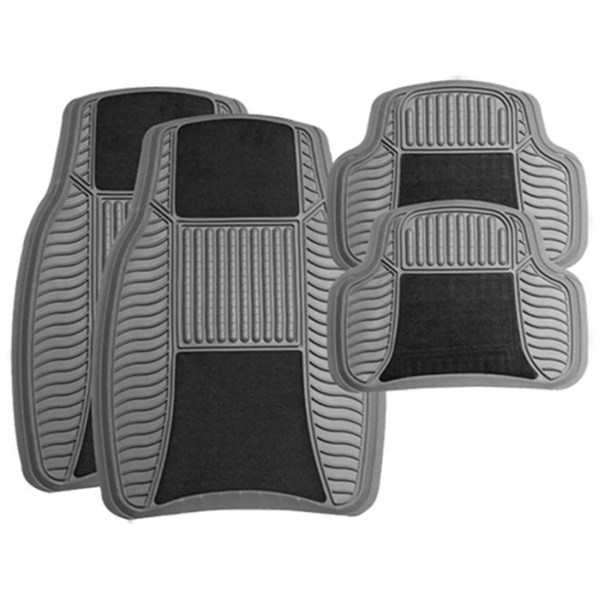 Midas-Style 4 Piece Floor Mat Set Black Carpet Grey Rubber