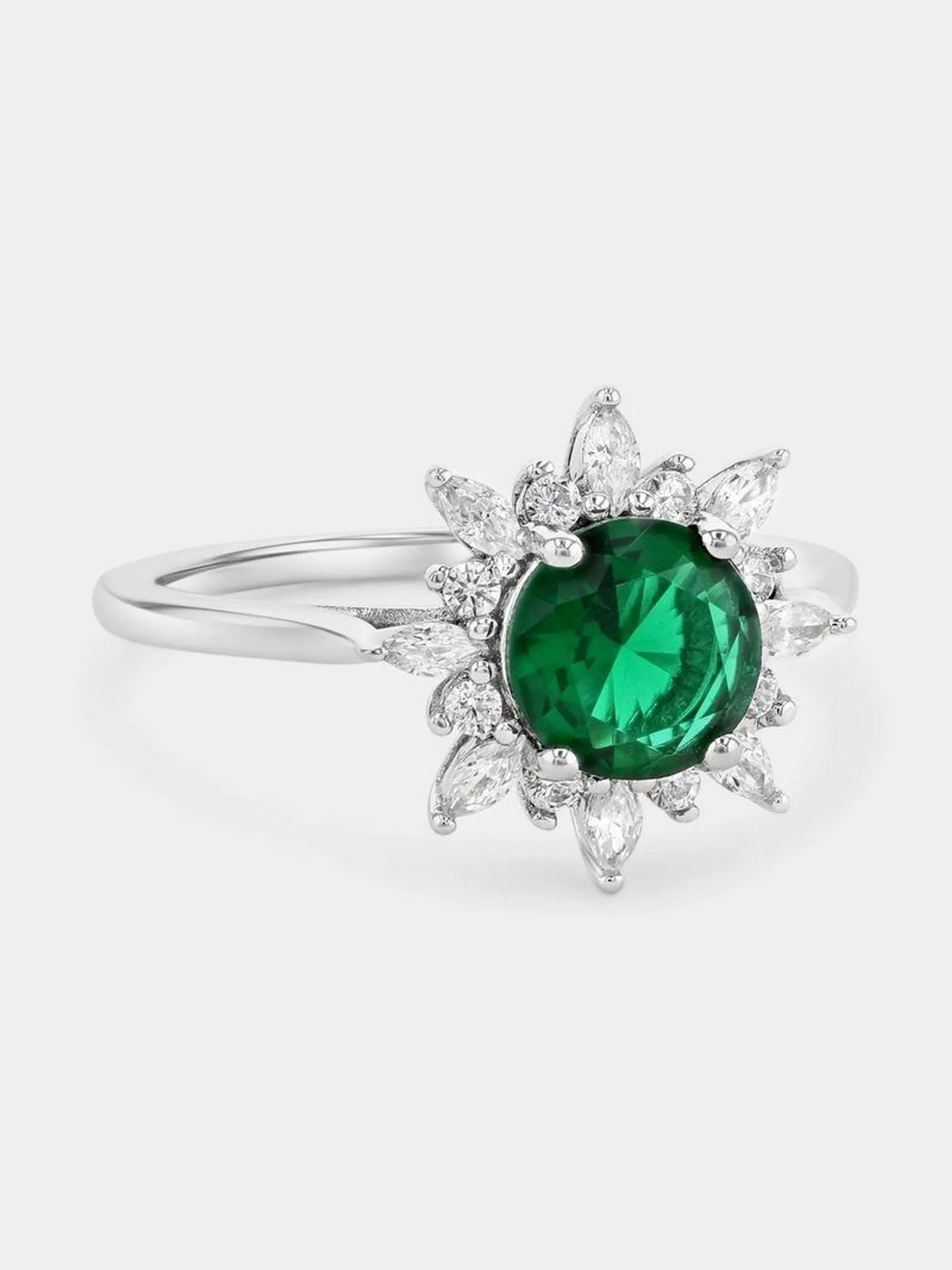 Sterling Silver Green Cubic Zirconia Round Halo Flower Ring