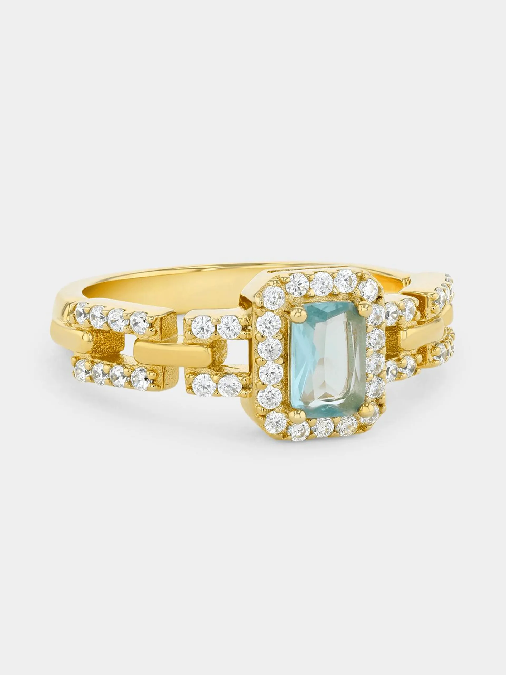 Gold Plated Sterling Silver Aquamarine Cubic Zirconia Chain Link Ring