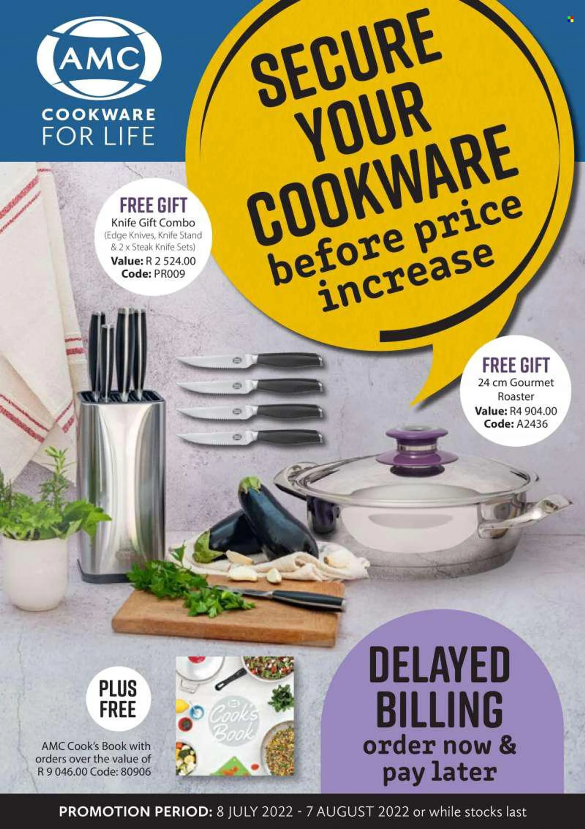 AMC Cookware catalogue  - 08/07/2022 - 07/08/2022 - Sales products - knife, cookware set, steak knife, roaster. Page 1.