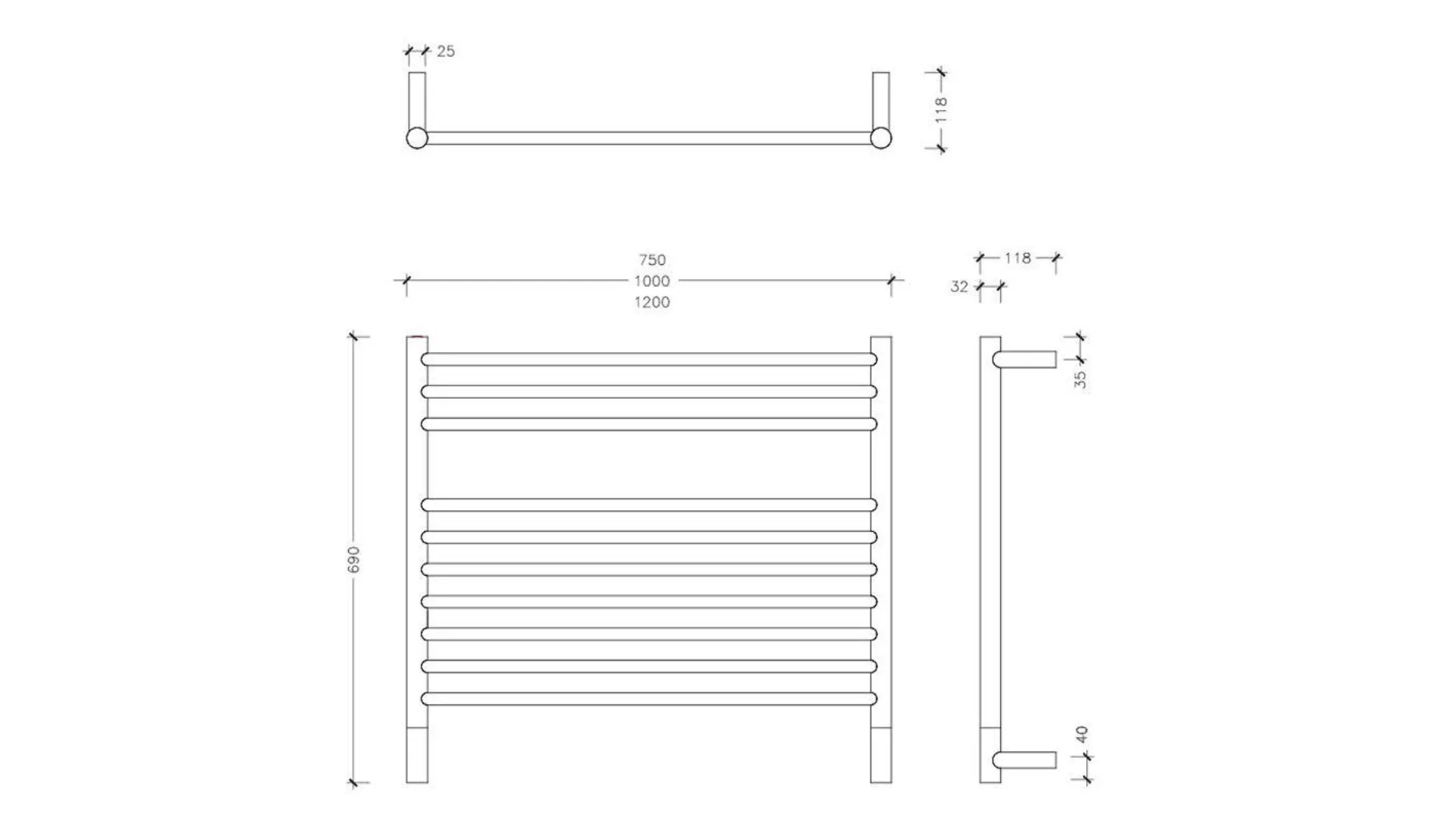 Jeeves Classic K Brushed Stainless Steel Heated Rail 690 x 1200mm