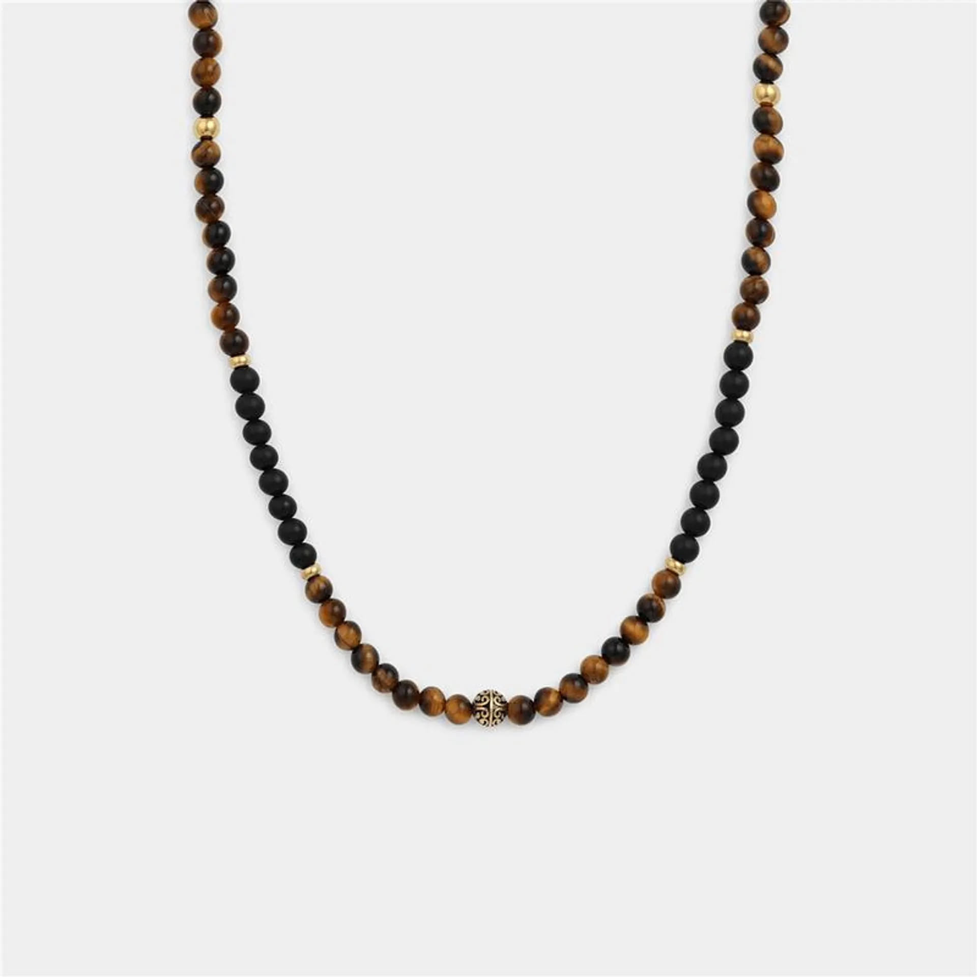 Stainless Steel Gold Plated Tiger’s Eye & Black Agate Bead Necklace